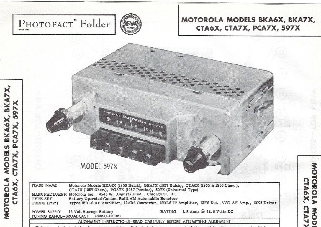 1956 1957 MOTOROLA Car RADIO Photofact MANUAL GM BUICK CHEVY PONTIAC 597X BKA6X