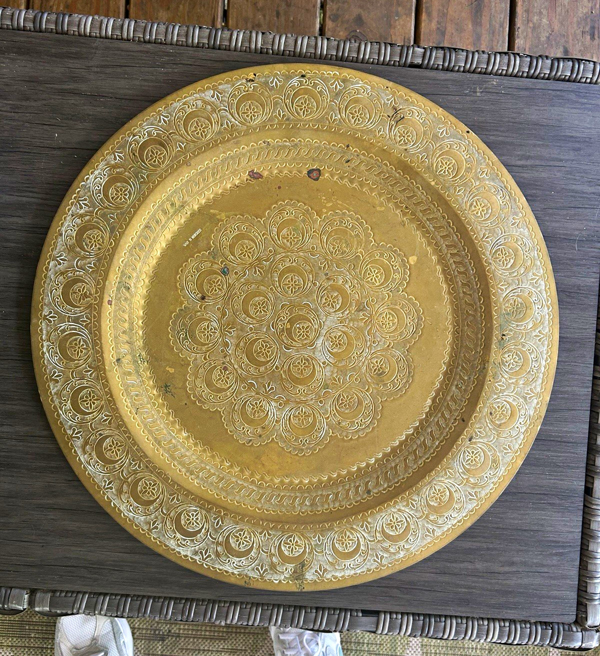 Made in Morocco Moroccan Engraved Ornate Brass Decorative Tray Plate