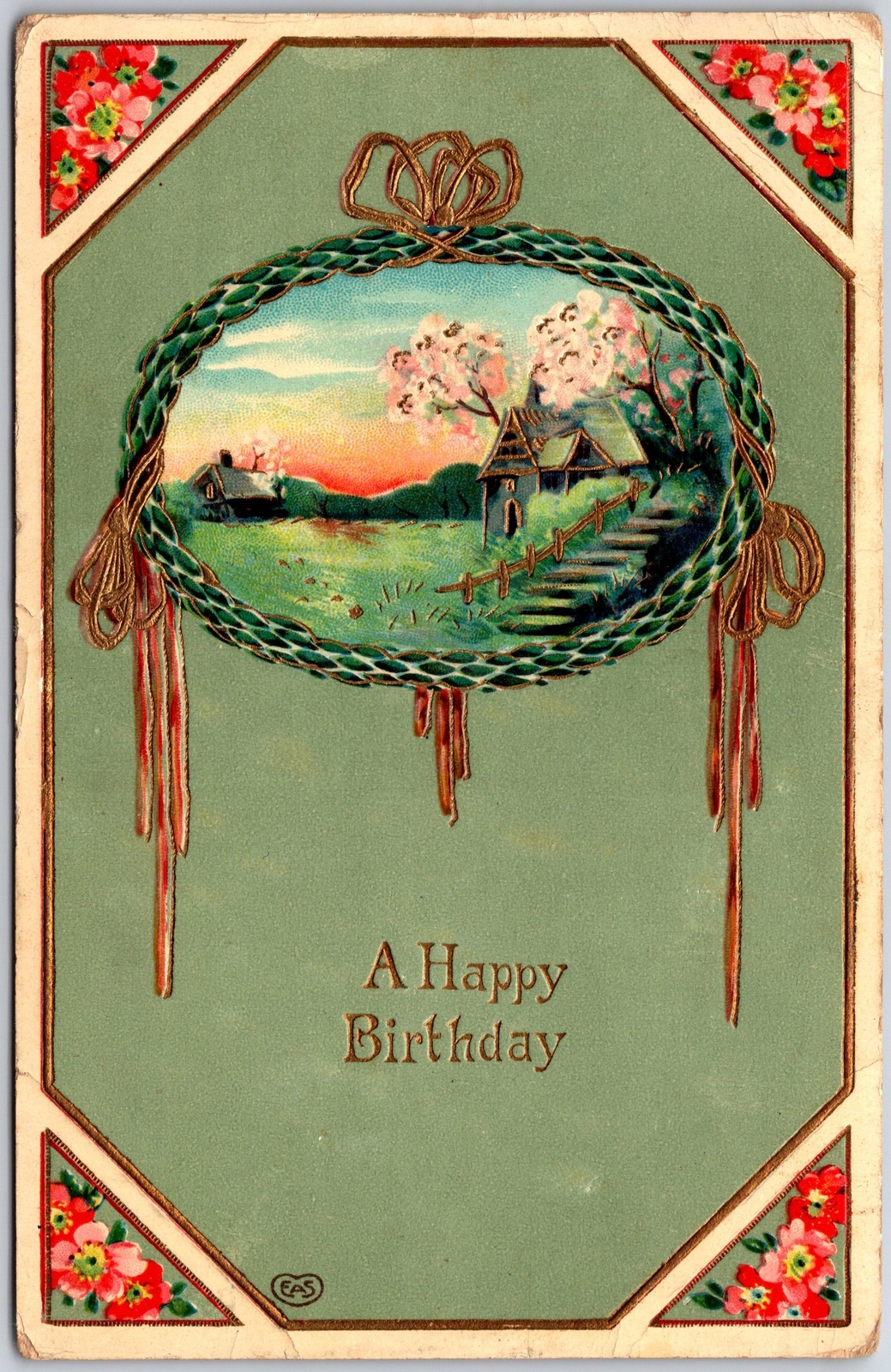 1911 Happy Birthday Landscape Bordered Flowers Greetings Posted Postcard