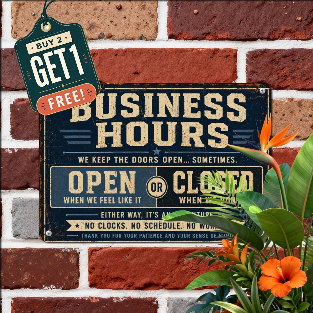 Business Hours Notice Metal Sign Blue Black Store Schedule Tin Plaque