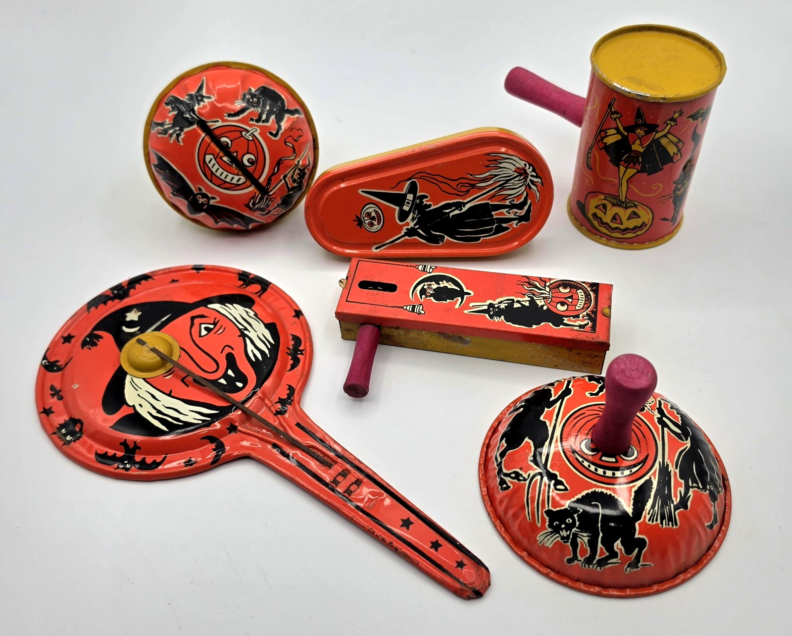 6 Different 1950's Vintage Kirchoff USA Halloween Noisemakers Noise Makers