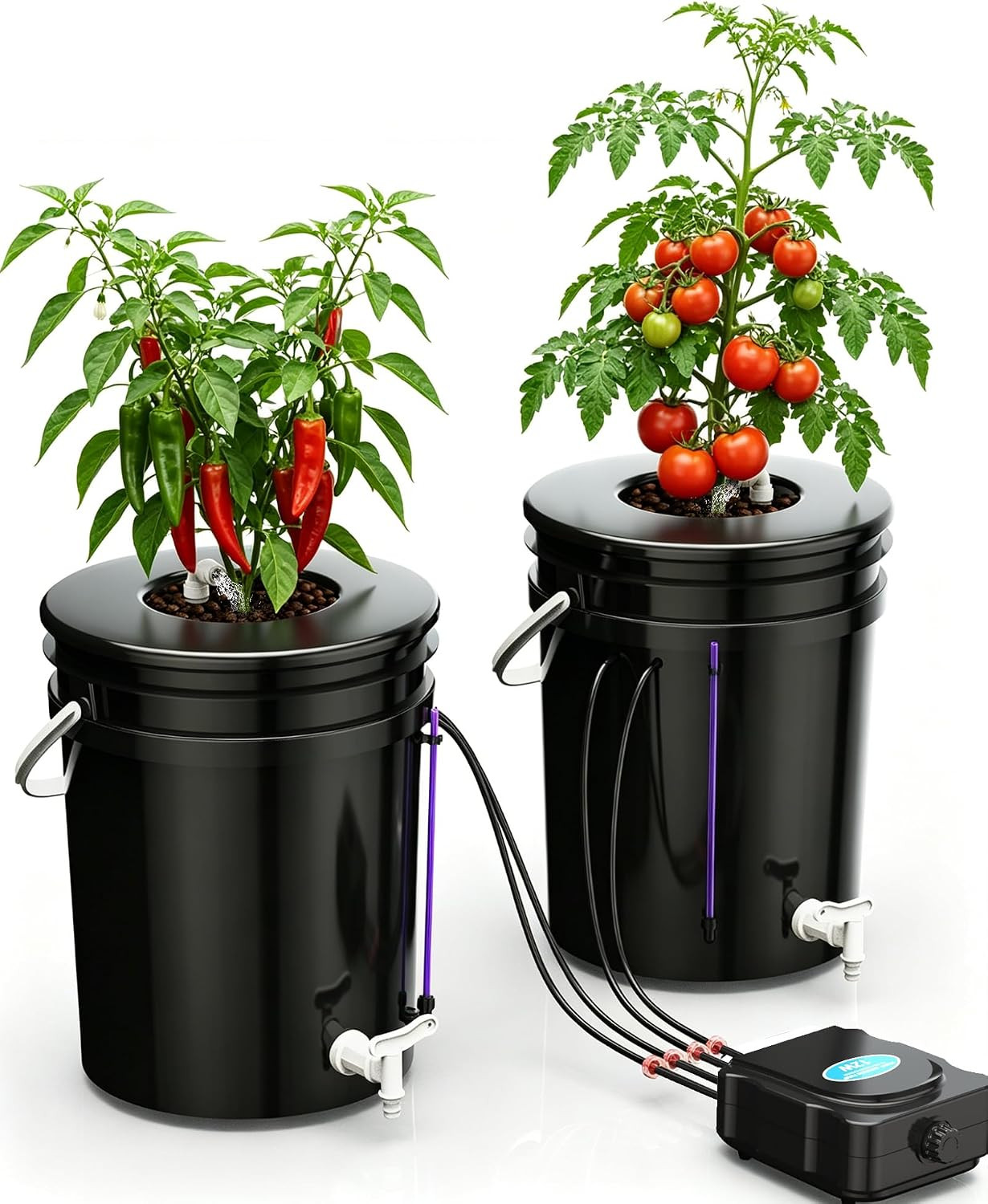 2 Buckets 5 Gallon DWC Hydroponic System, Built-In Drain Tap, Top Drip Kit with