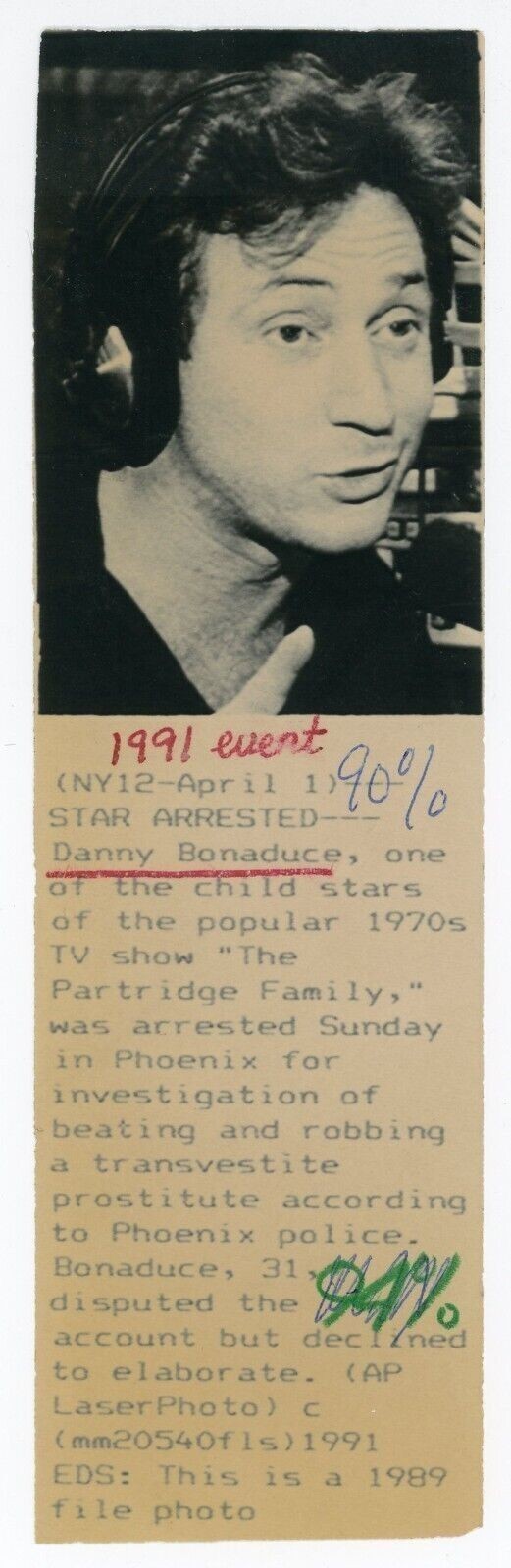 Vintage Danny Bonaduce The Partridge Family Arrested Wire Press Photo TSPP-4