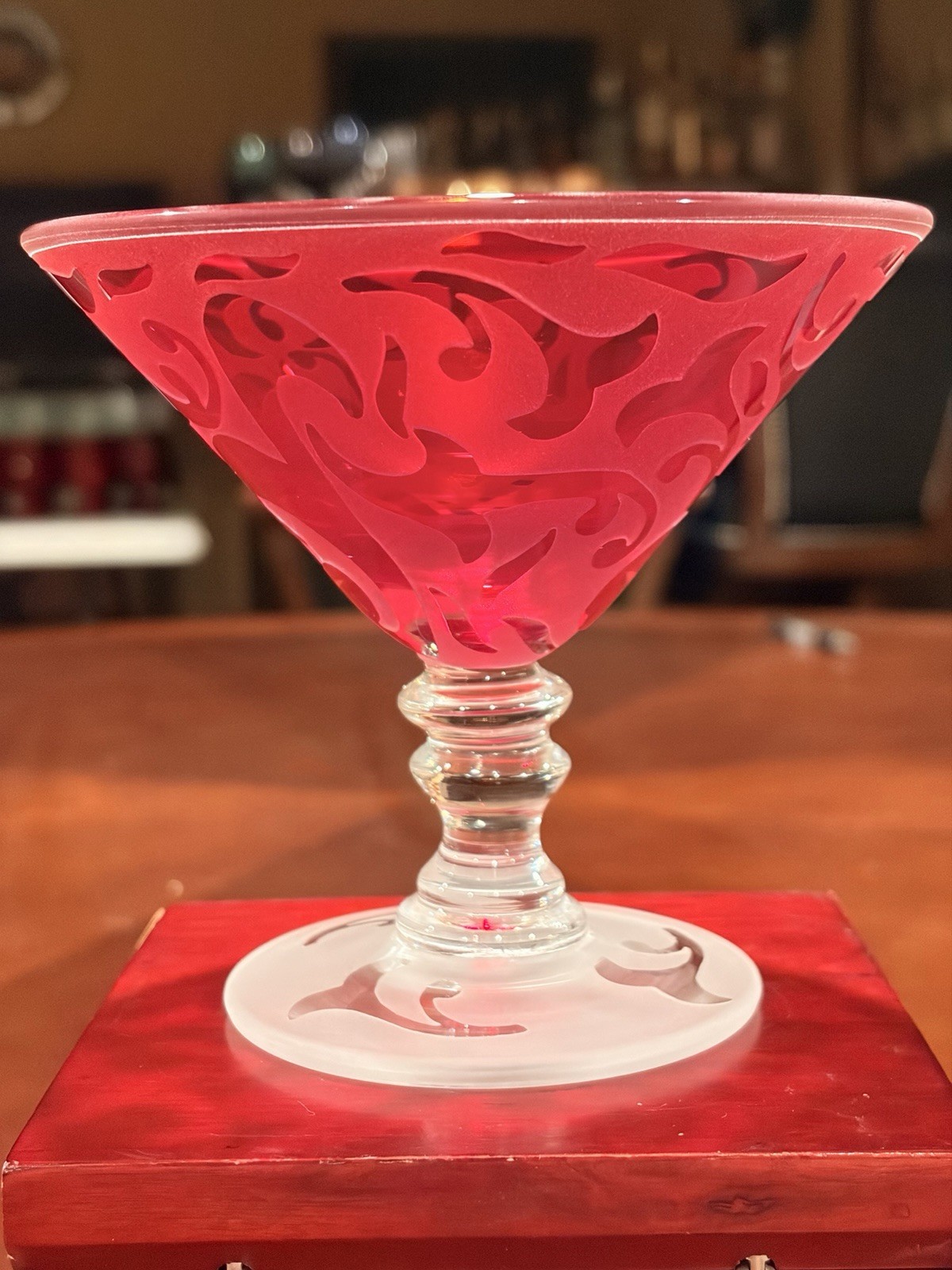 Vtg Michael Weems Elise Ruby Red Frosted Martini Glass Clear Bulbous Stem Signed Vtg Michael Weems Elise Ruby Red Frosted Martini Glass Clear Bulbous Stem Signed