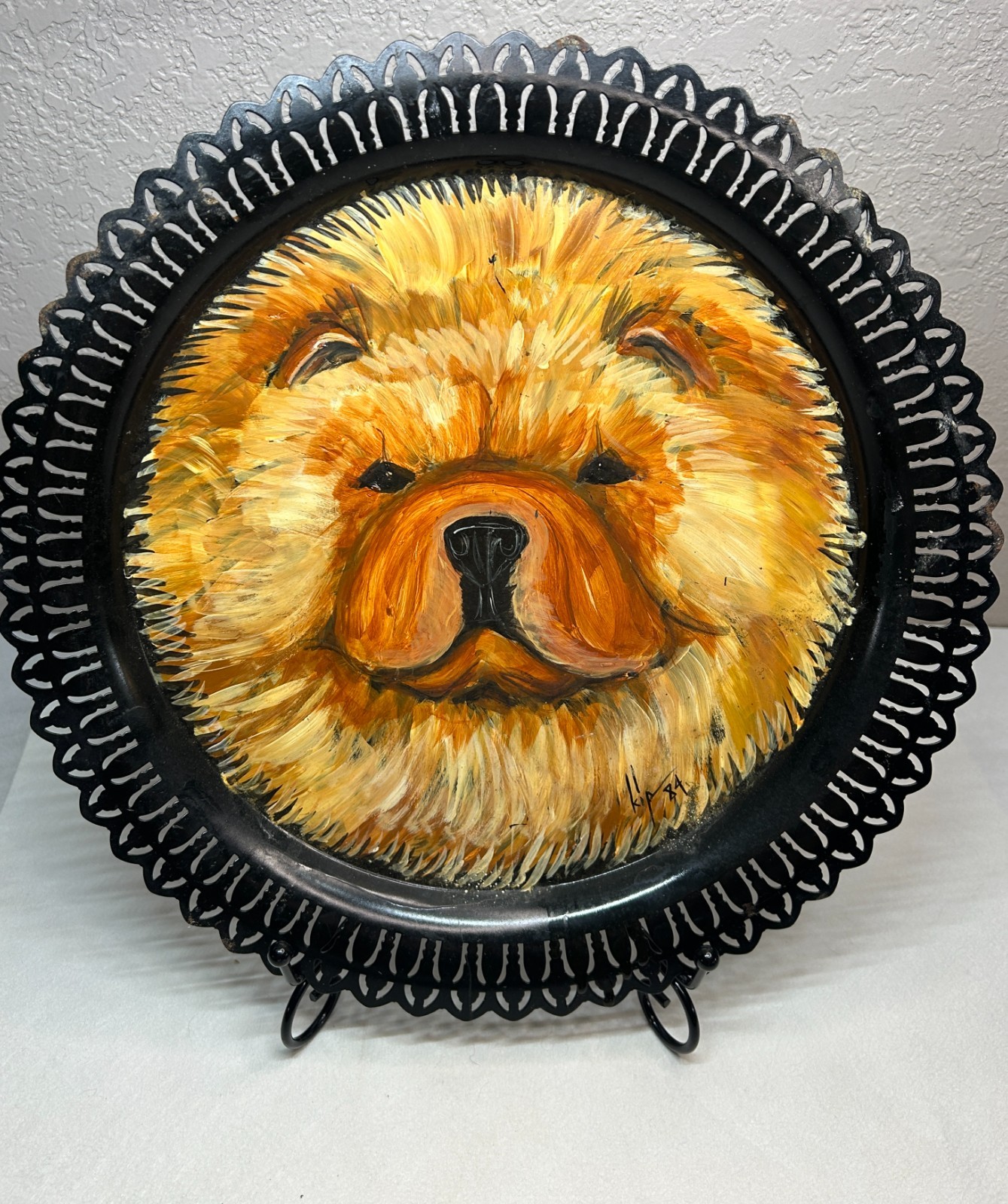 Vintage Original Hand-Painted Chow Chow Dog Portrait on Black Metal Tray
