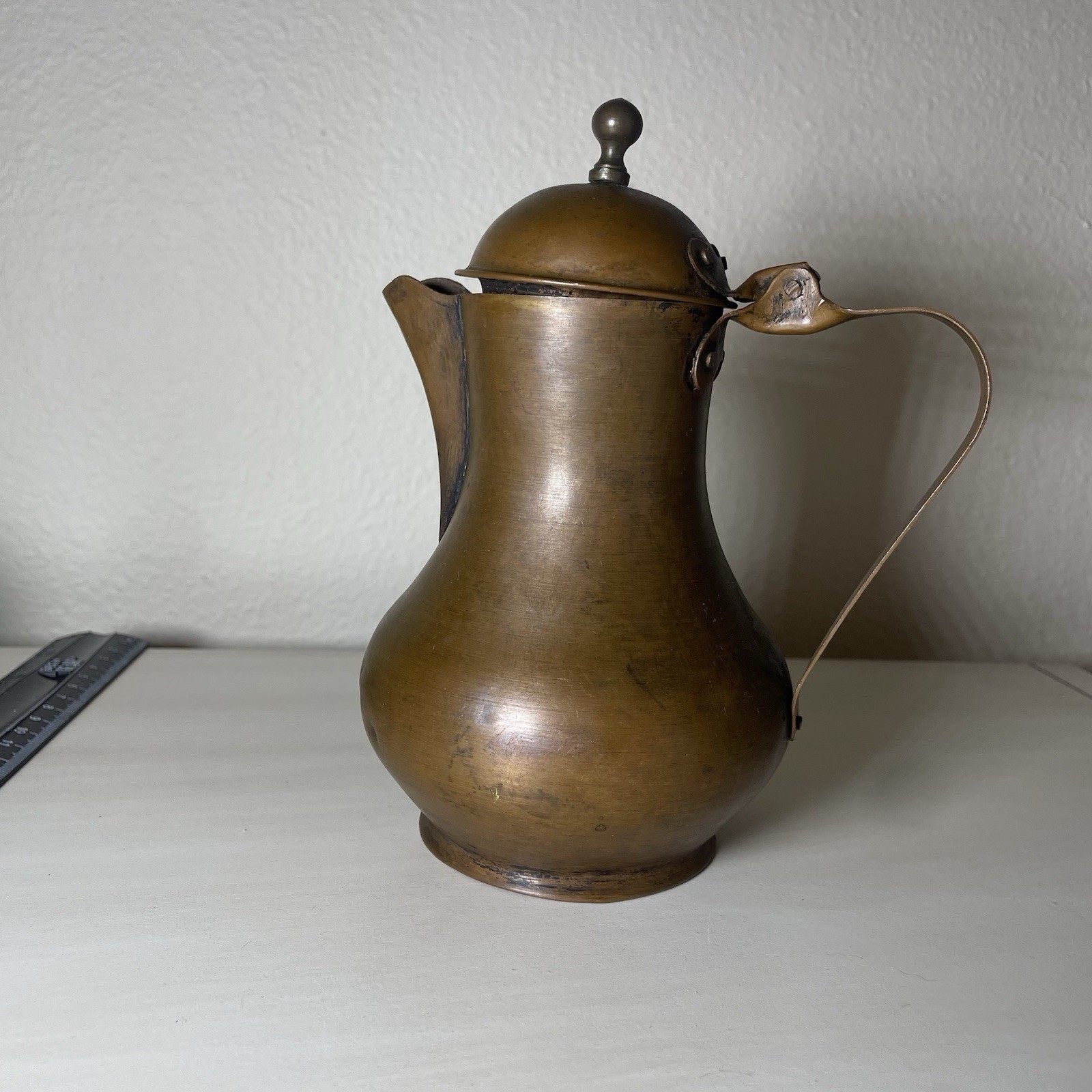 Vintage Copper Coffee Pot Pitcher Hinged Lid Riveted Handle 7.25” Patina