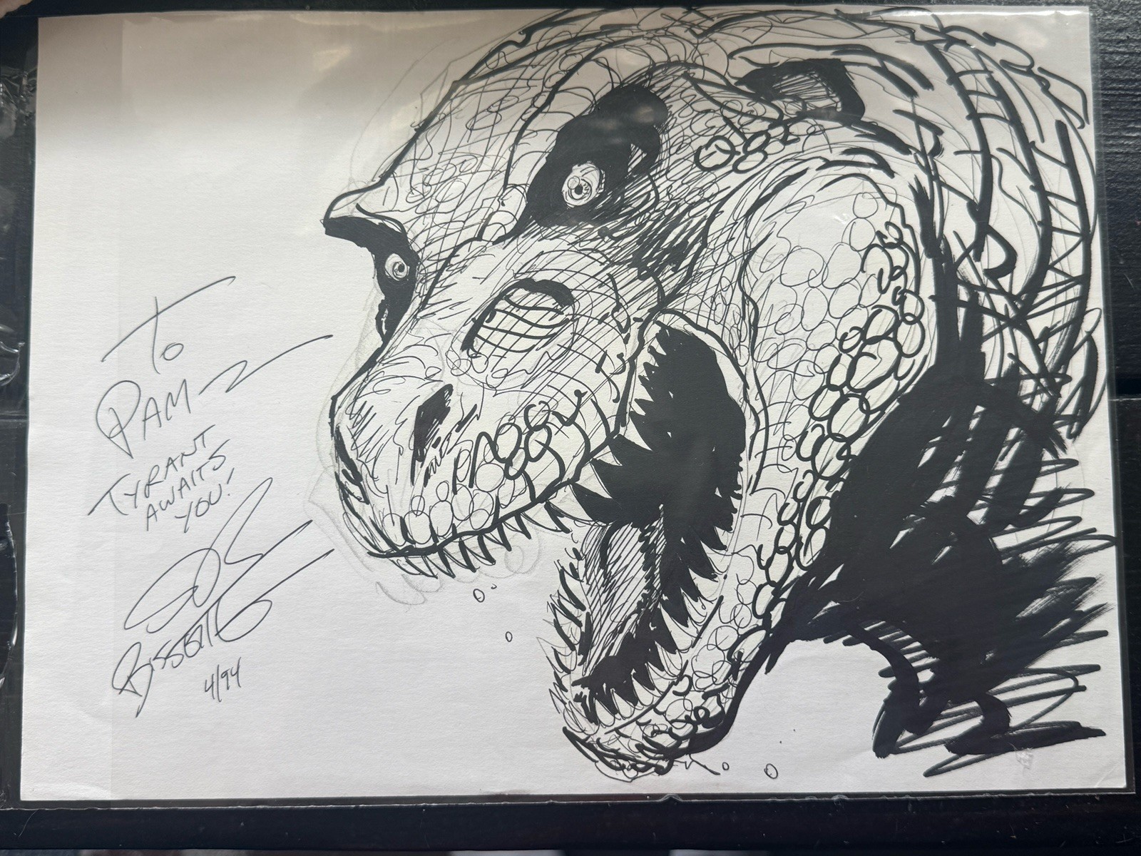 Stephen Bissette TYRANT Original Art Signed Comic Sketch 1994 T-Rex