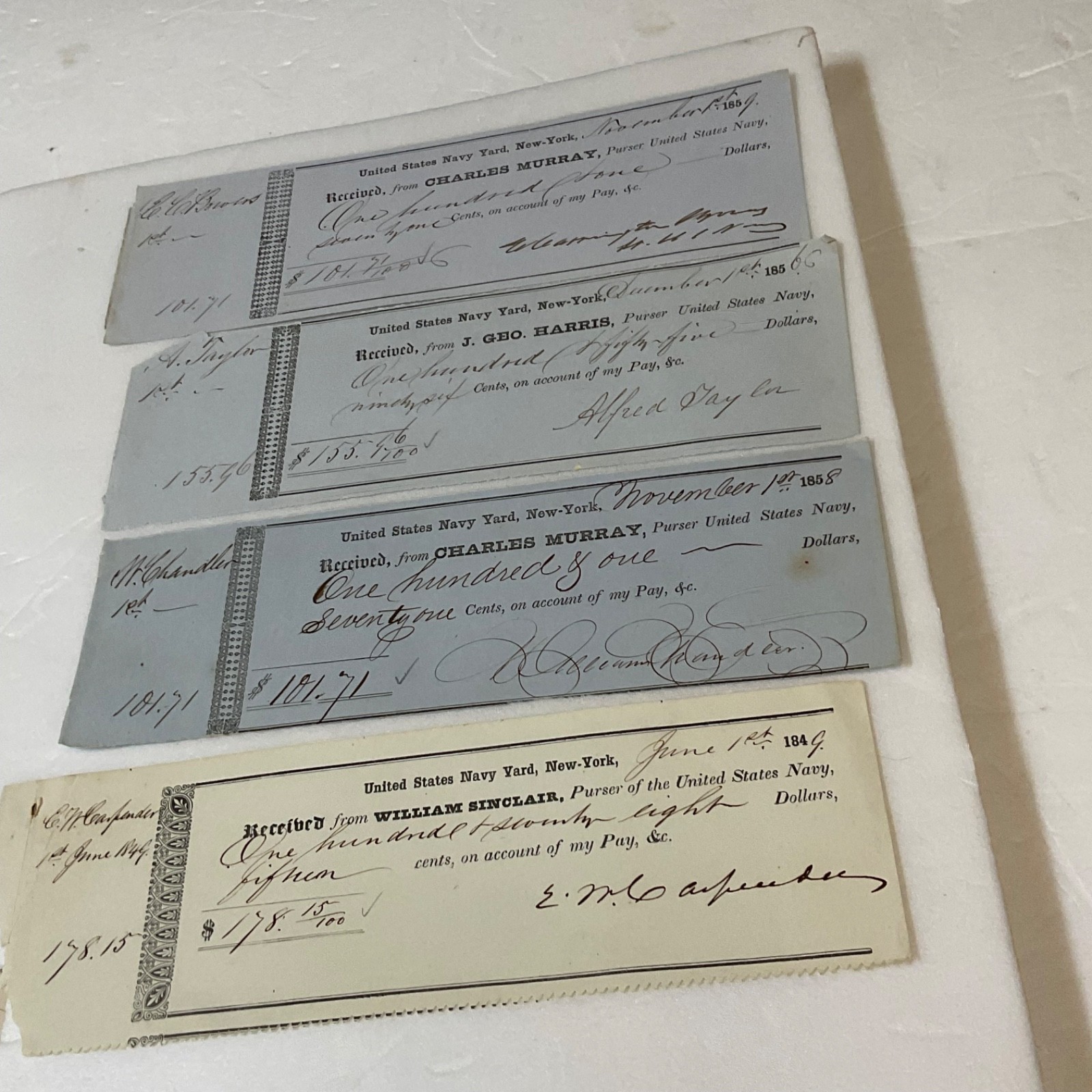 US NAVY OFFICERS PAYCHECKS 1849-1860 PRUSER OF THE US NAVEL YARD NEW YORK