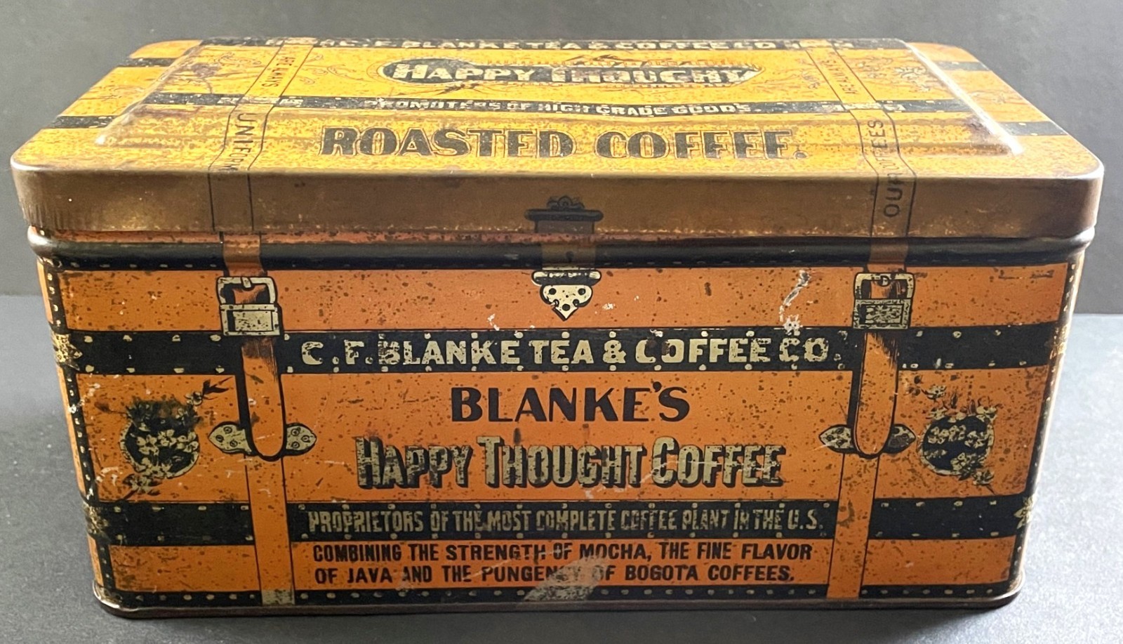 Early Vintage Blanke\'s Happy Thought Coffee Tin St. Louis, NYC and Chicago