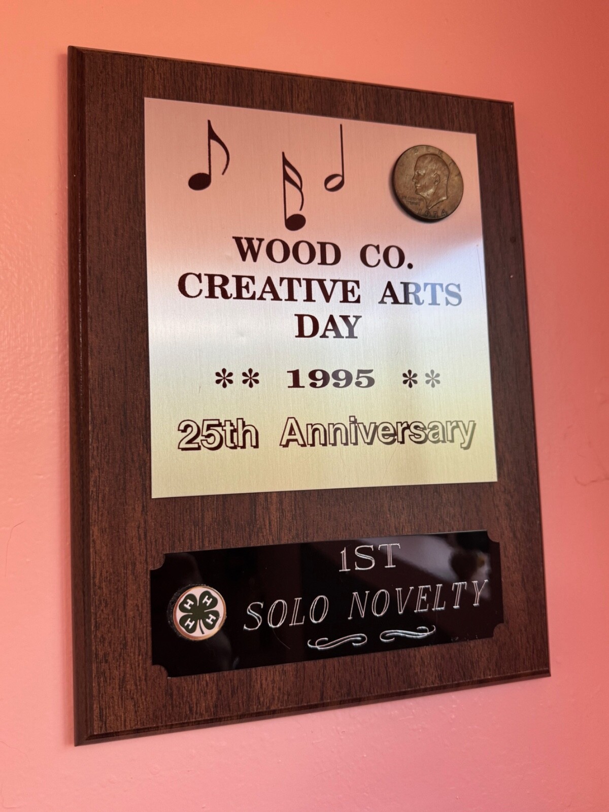 1995 4-H Wood County Creative Arts Day Wisconsin 1st Solo Novelty Award Plaque
