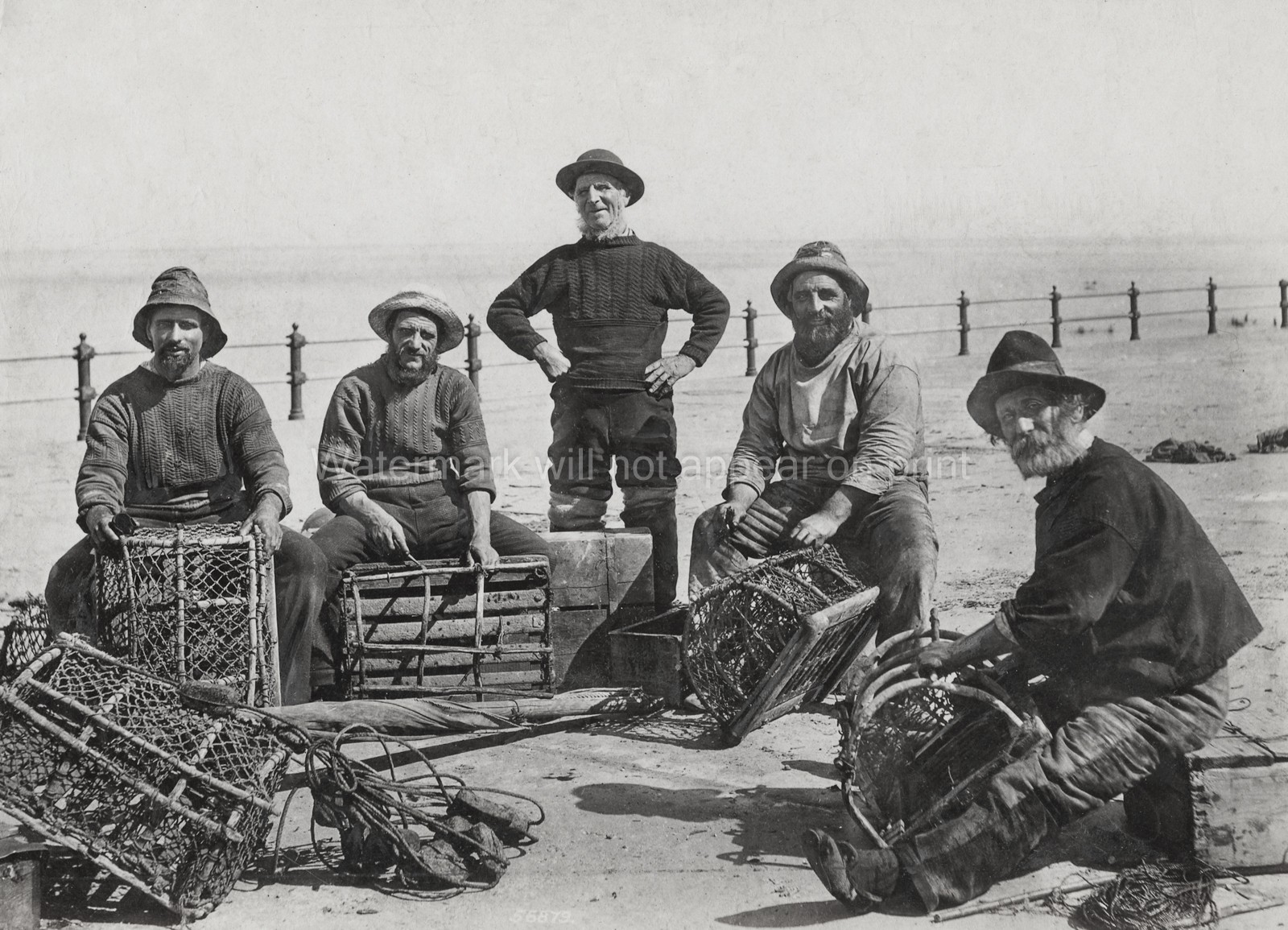 Sheringham Norfolk Fishermen Crab Pots Mending Nets Beach Vtg. Photo 19thC.