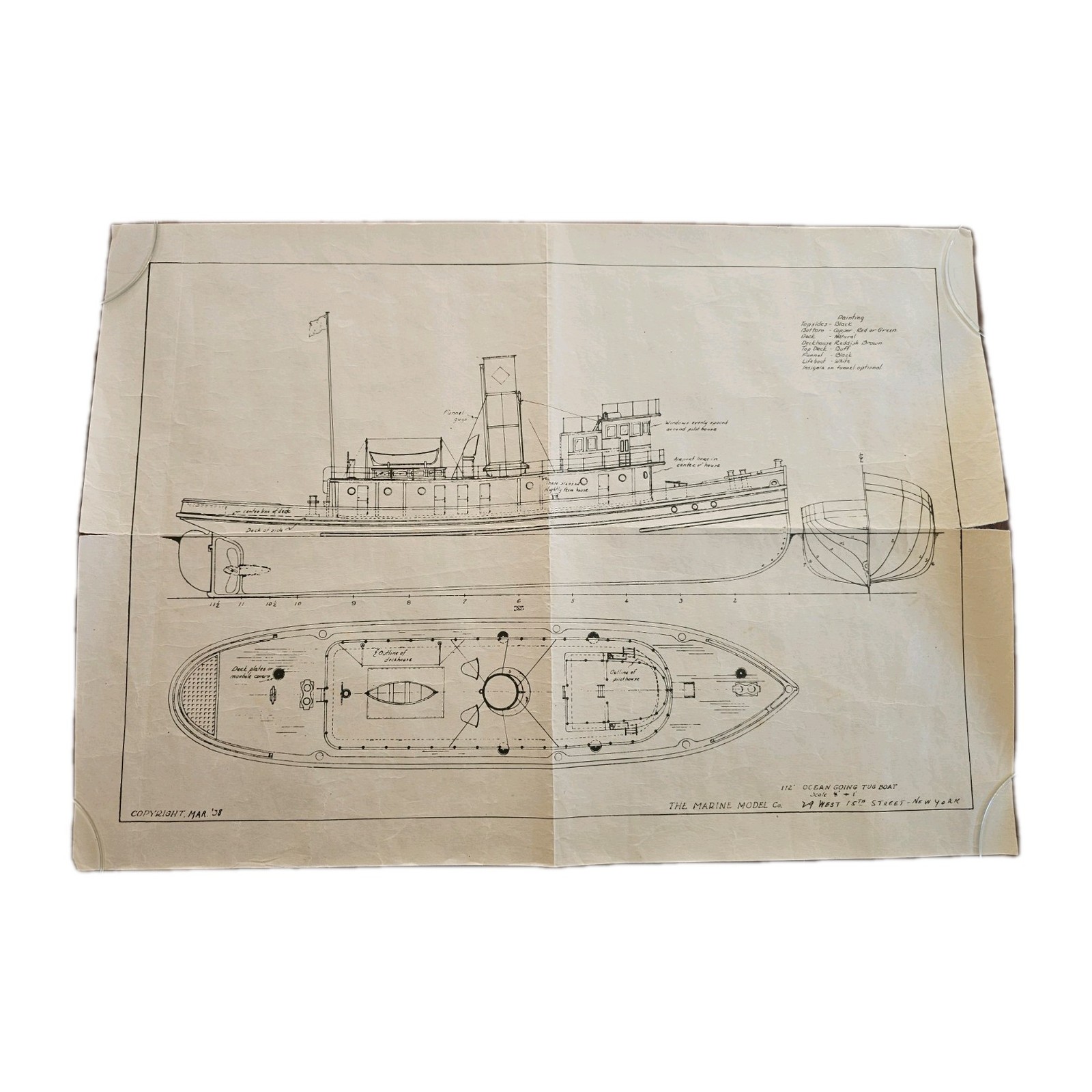 Original 1938 Marine Model Co 112 Ft Ocean Going Tugboat Drawing NYC New York