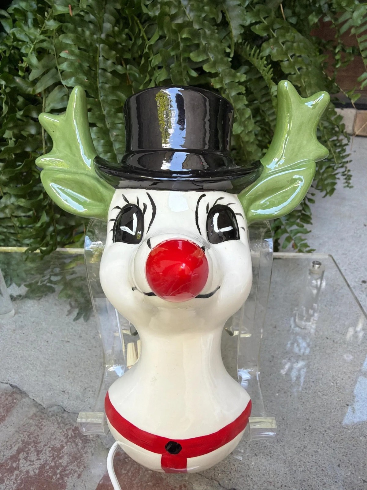 RARE 9x7 Vtg Ceramic Christmas Rudolph Red Nose Reindeer Wall Light Up Lamp