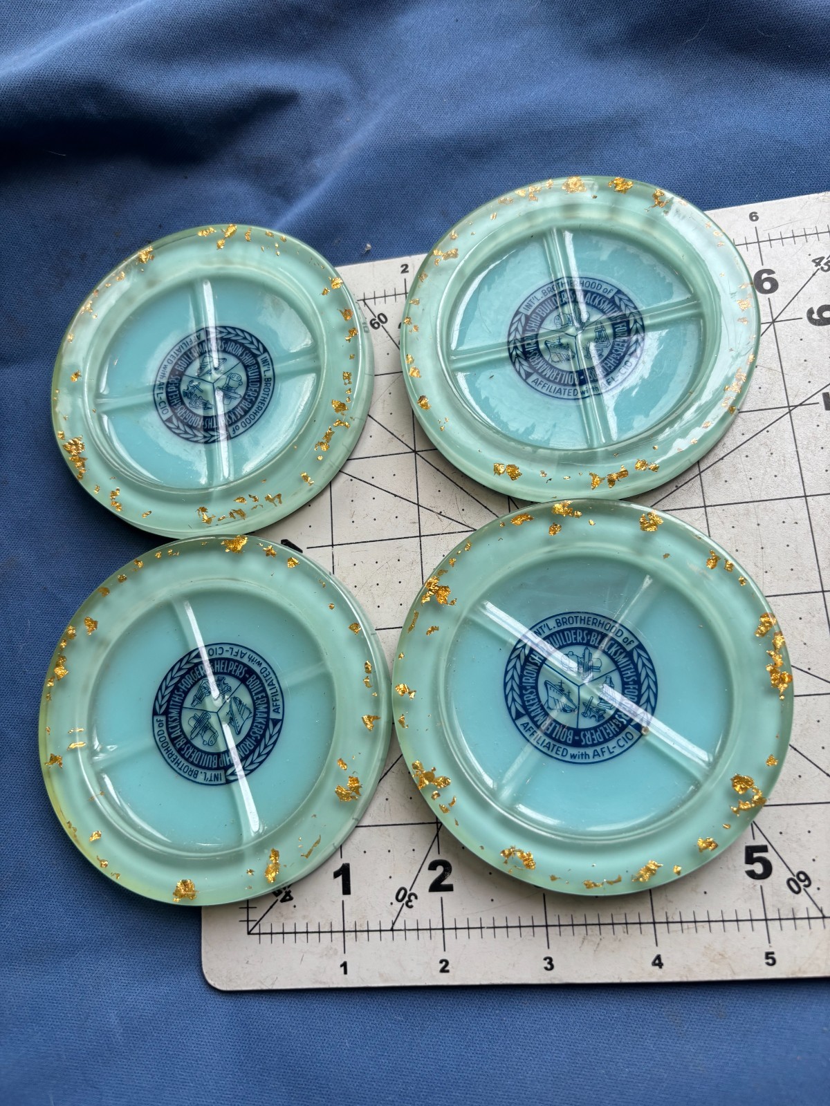 Vintage Boilermakers Union AFL-CIO Coasters Set of 4 Aqua Gold Fleck