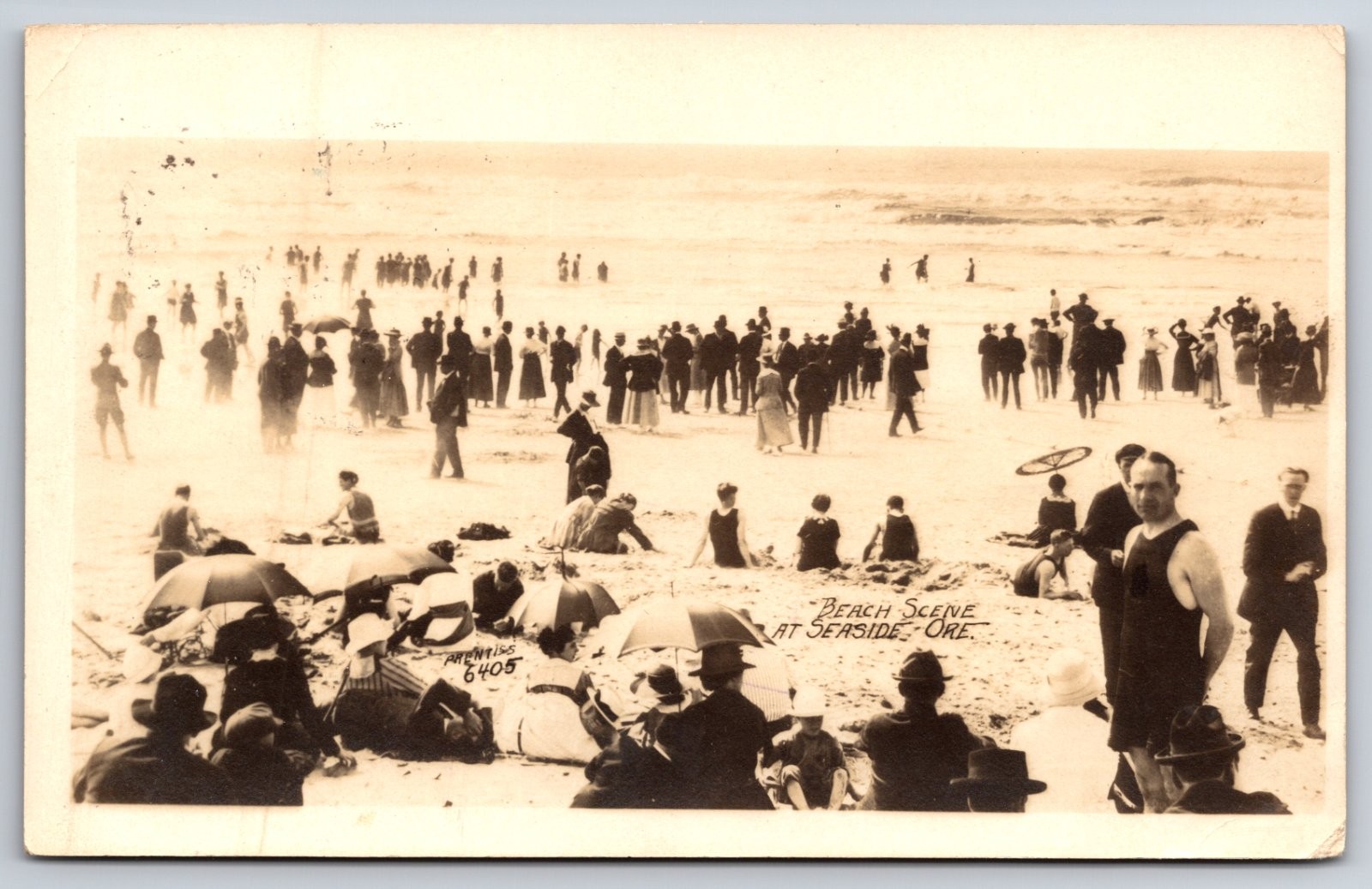Seaside Oregon Beach Scene Swimmers Large Crowd Prentiss 1922 Real Photo RPPC