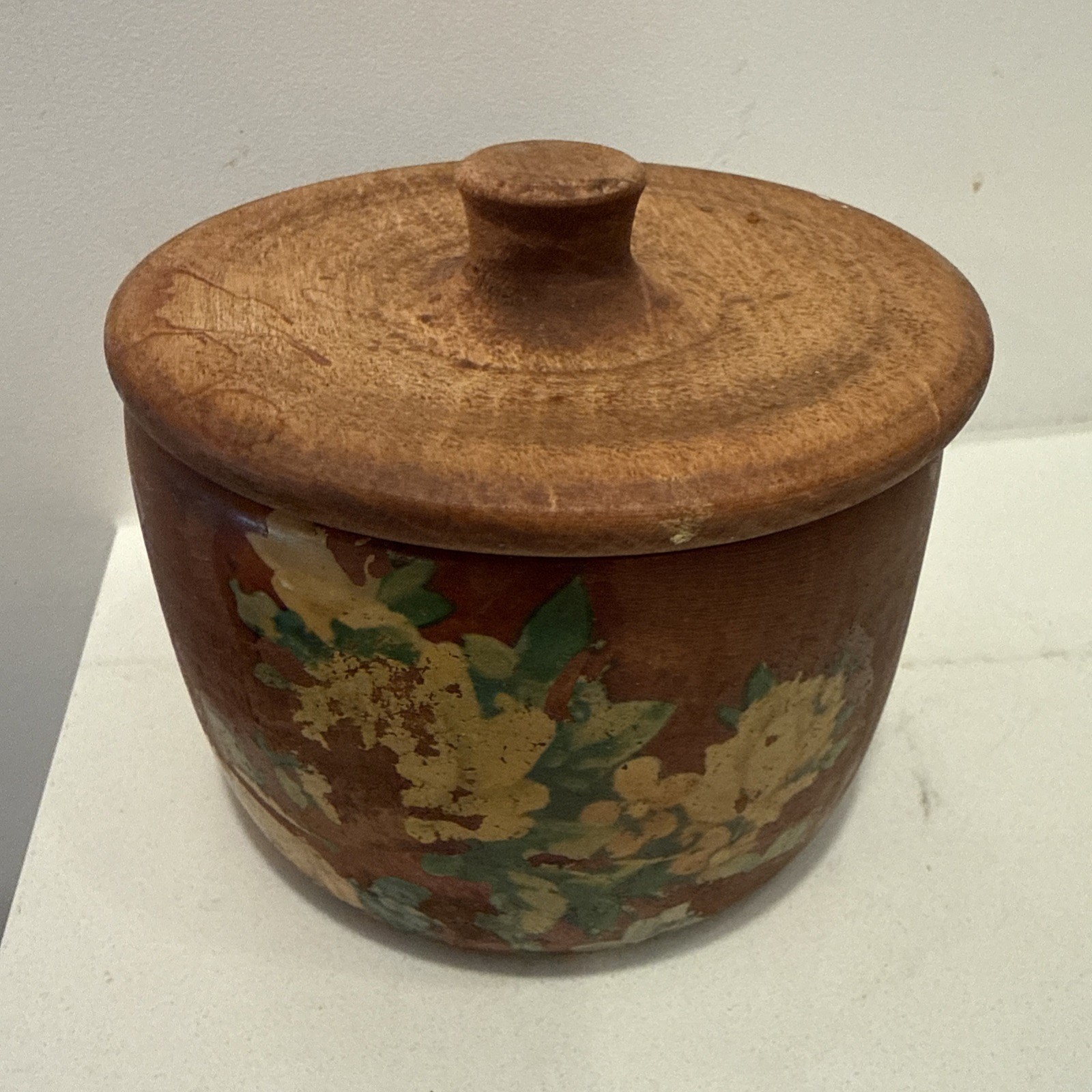 Small Vintage Myrtlewood Wooden Bowl With Lid Painted Flowers 1954 Signed