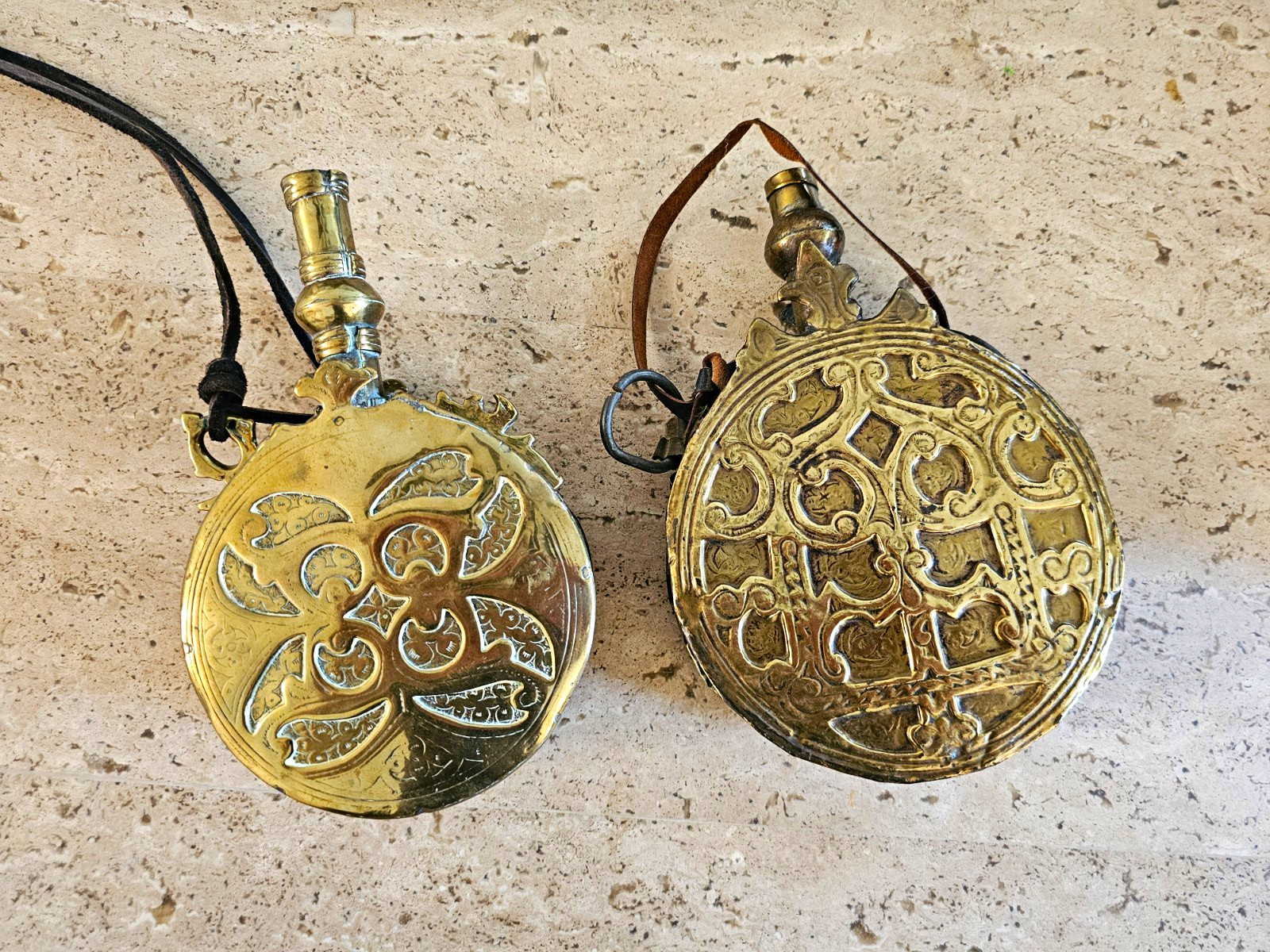 Lot of 2 Antique Brass Ottoman / Moroccan Powder Flasks with leather straps 