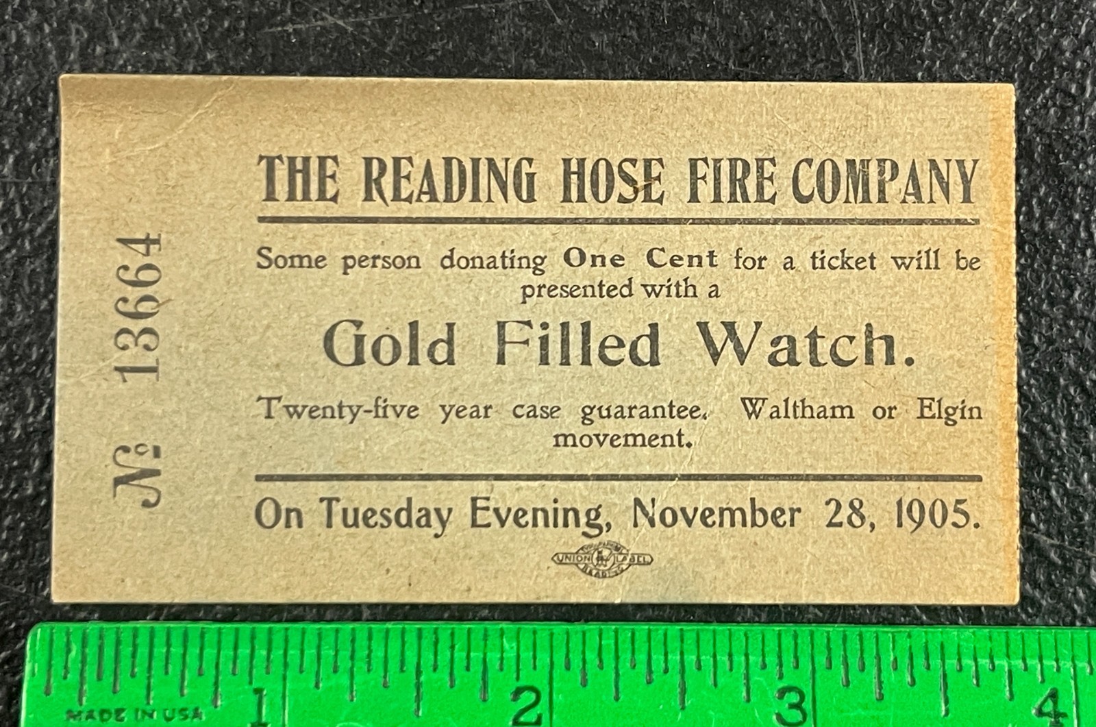 1905 Reading PA Hose Fire Company 1c Win Gold Watch Ticket Antique Firefighting