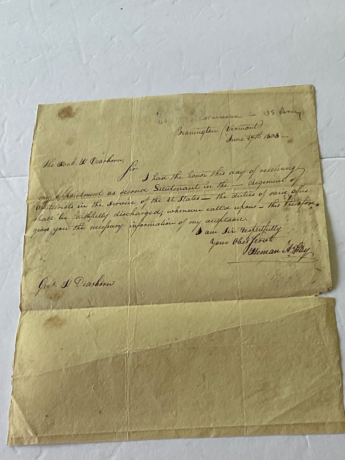 WAR OF 1812 BENNINGTON VT 1808 LETTER APPOINTING AN OFFICER HERMAN FAY AUTHOR