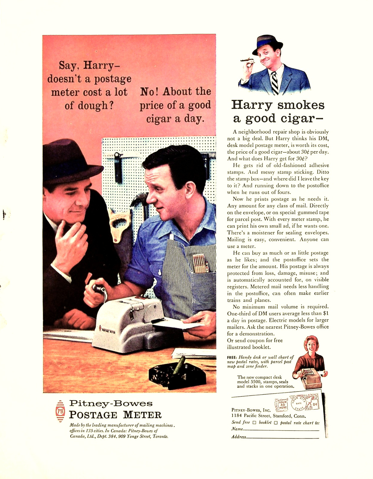 Pitney-Bowes Postage Meter Cigar Repair Shop Vintage 1960 Magazine Print Ad