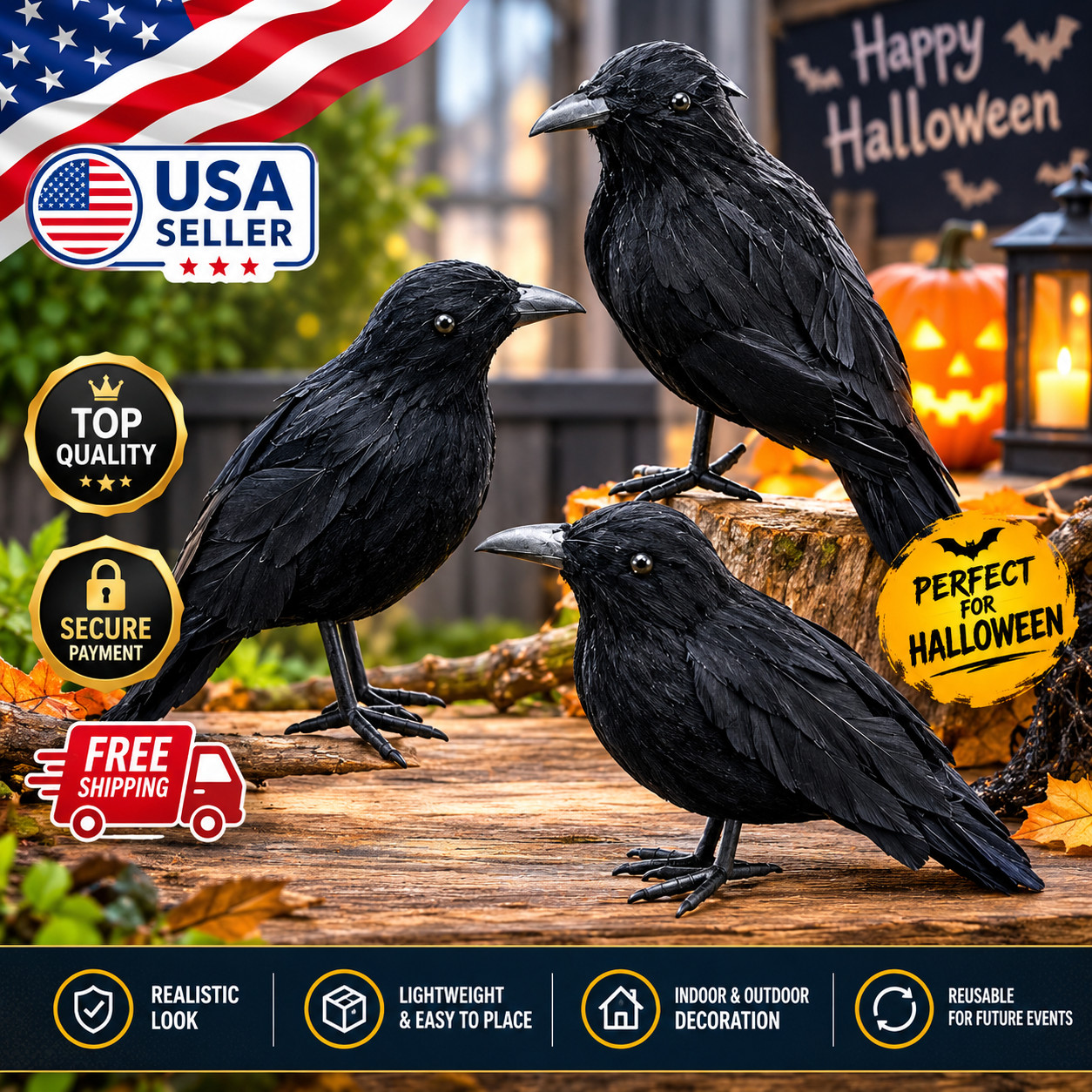 Halloween Crow Decoration Realistic Black Bird Horror Party Haunted House Prop