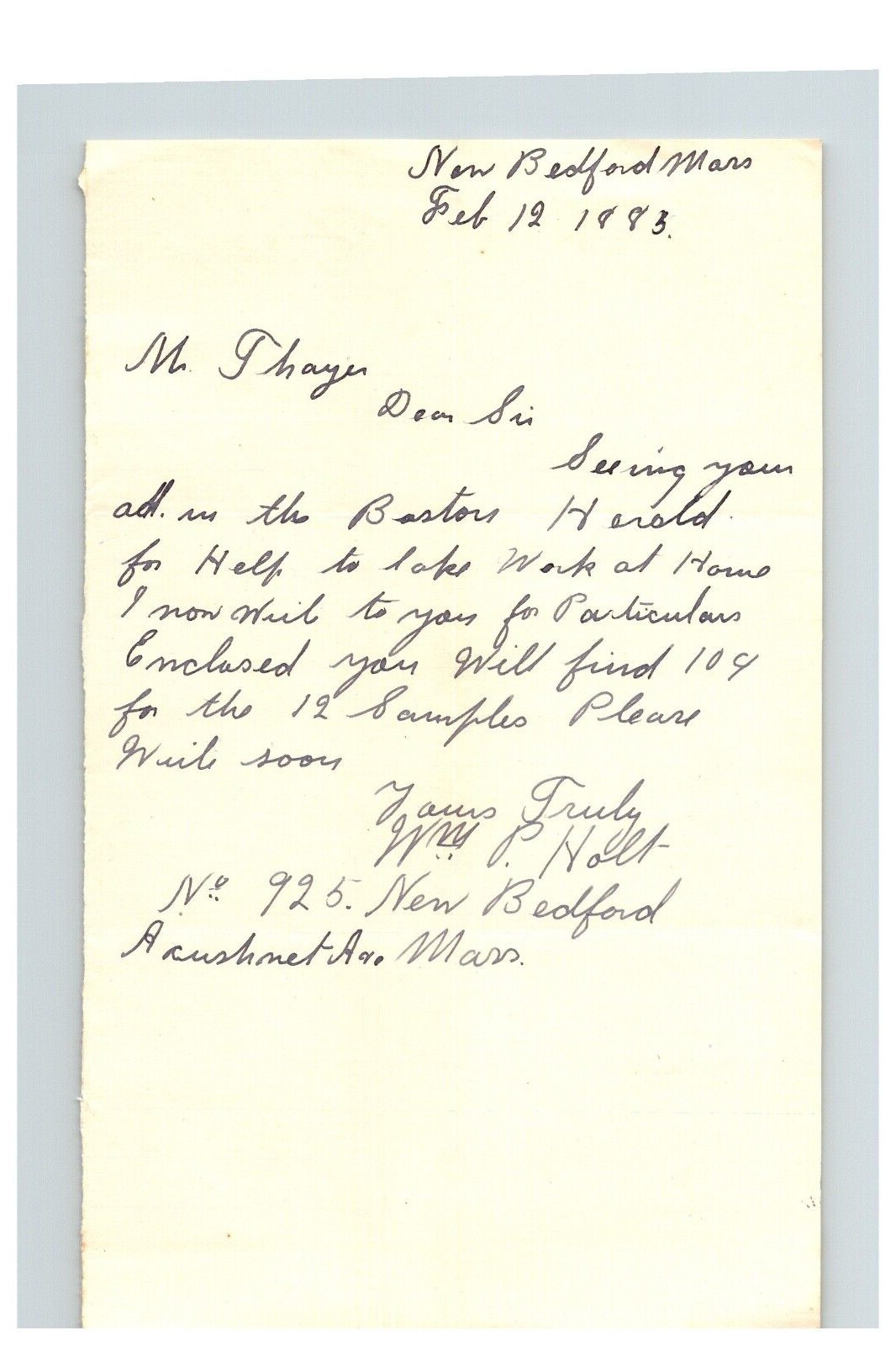 1883 Handwritten LetterWilliam P Bedford New Bedford Massachusetts MA