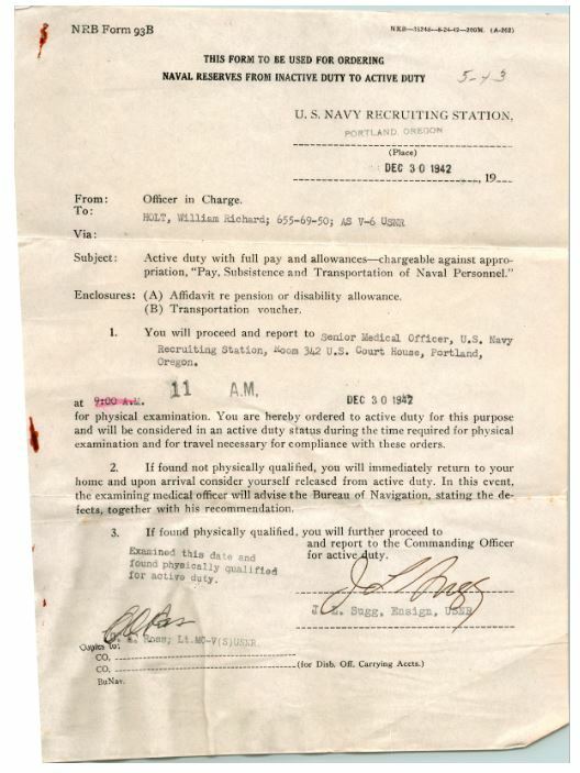 1942 WWII US Naval Reserves NRB Form 93B Ordering From Inactive Duty To Acive  