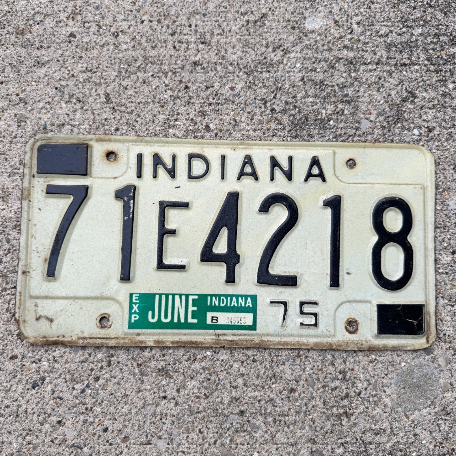 Vintage 1975 Indiana License Plate 71E4218 White Black Auto Tag Collectible