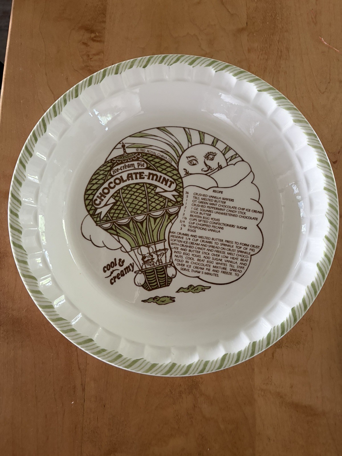 Vtg 1983 Royal China Co. by Jeannette Chocolate Mint Ice Cream Pie Recipe Plate