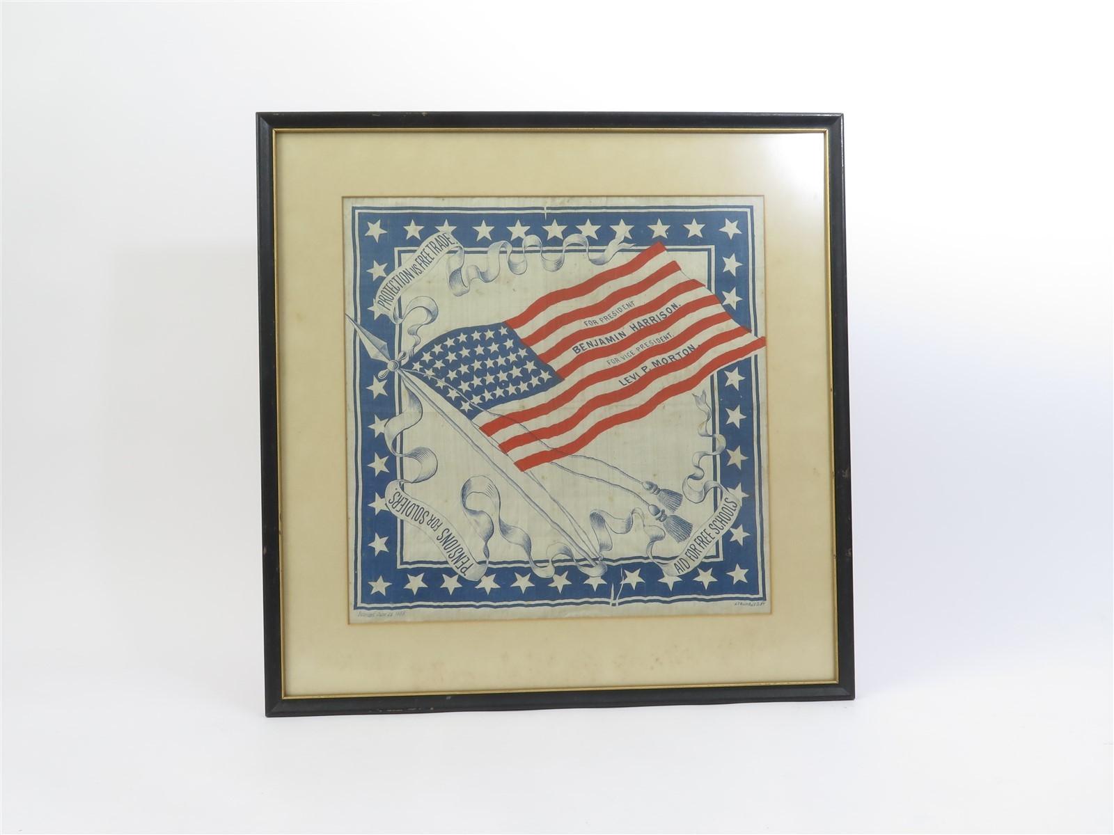 Framed 1888 Benjamin Harrison-Morton American Flag Silk Campaign Handkerchief