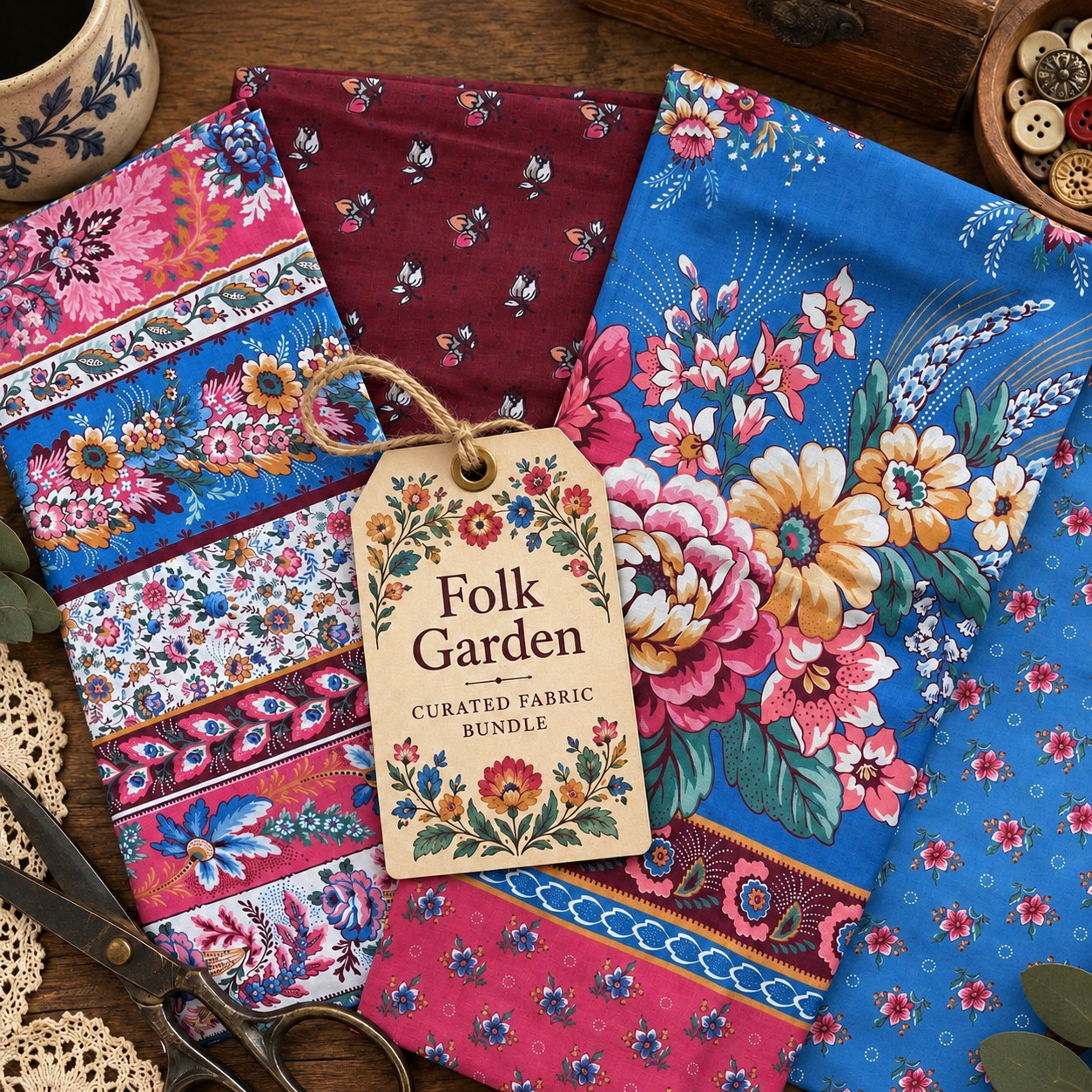 Folk Garden Curated Fabric Bundle, Vintage Joan Kessler Floral Quilting Cotton