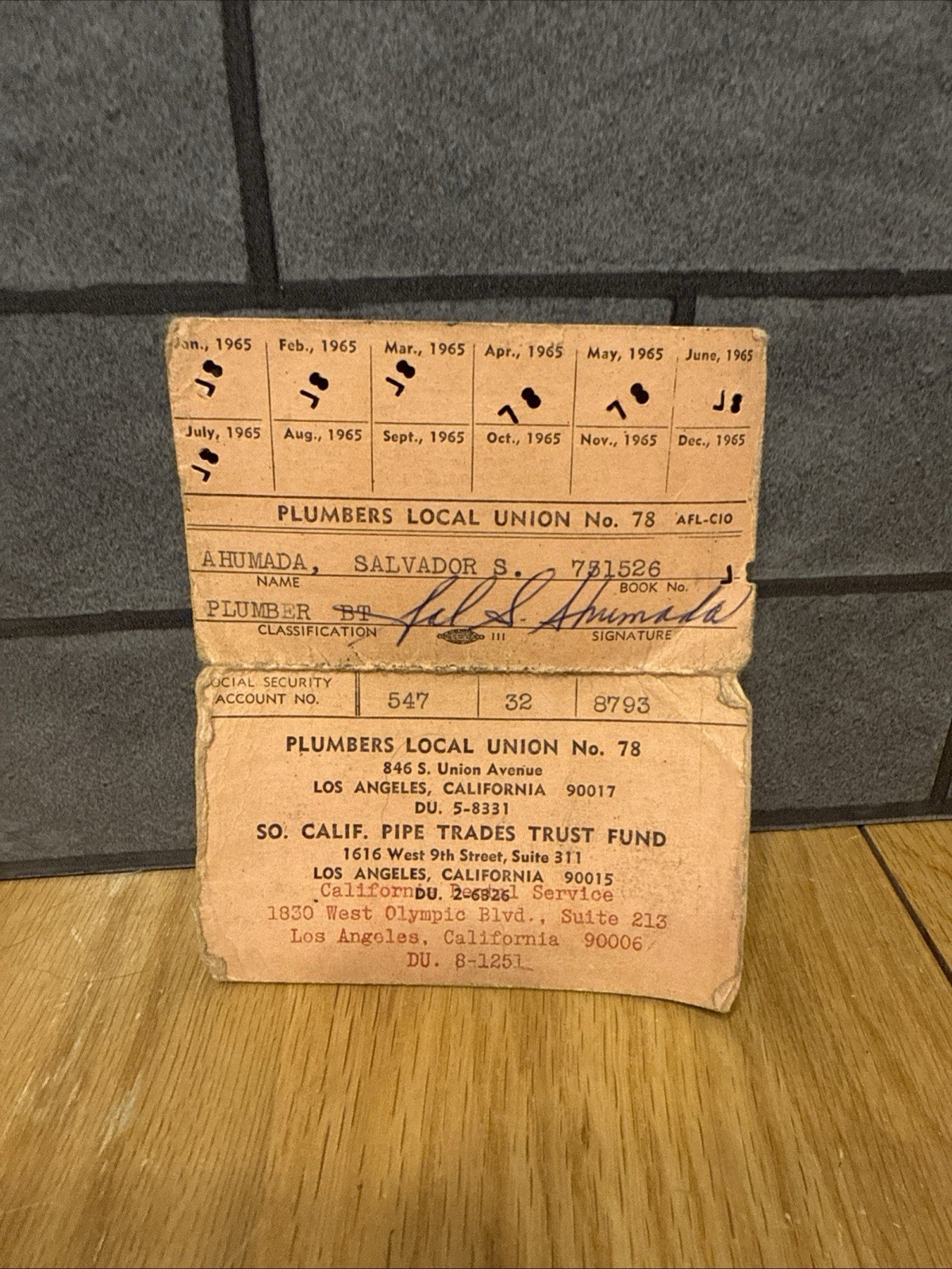 1965 Plumbers Local Union No. 78 Card