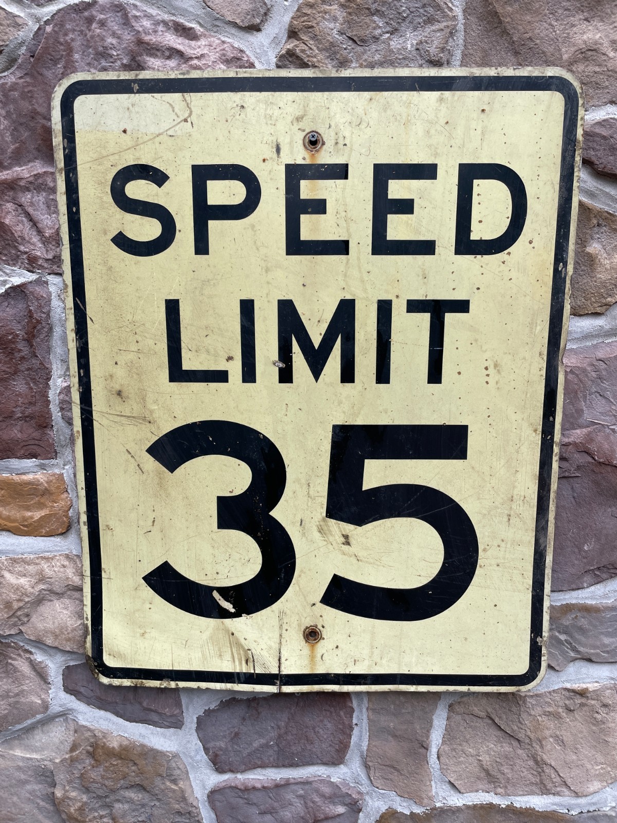 Authentic Vintage Retired 35 MPH Sign White Metal Road Street Sign with Patina 2