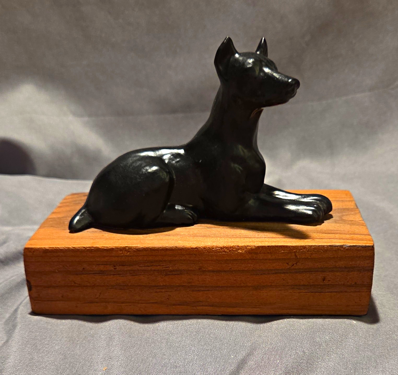 Vintage Mid-Century  Black Ceramic Doberman Pinscher Sculpture on Wood Base