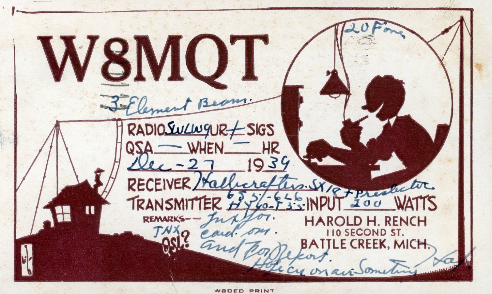 Vintage Amateur Radio QSL Postcard, 1939, W8MQT, Battle Creek, MI, Scott #804
