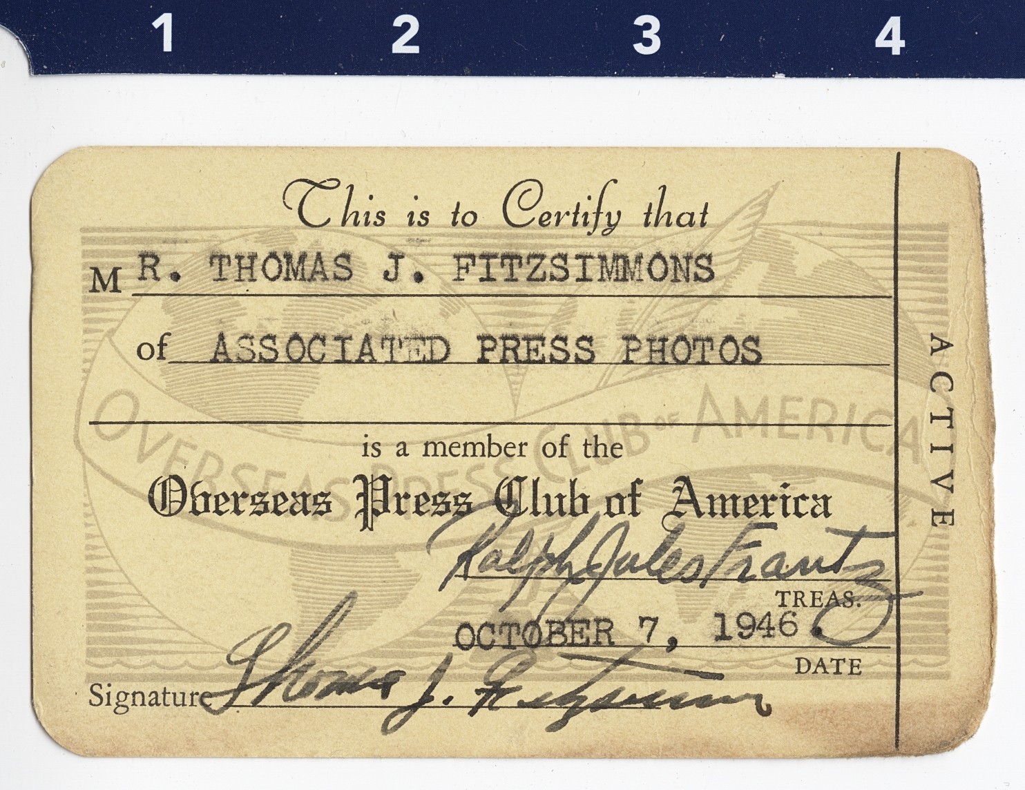 1946 Overseas Press Club of America Pass of AP Photographer Thomas Fitzsimmons