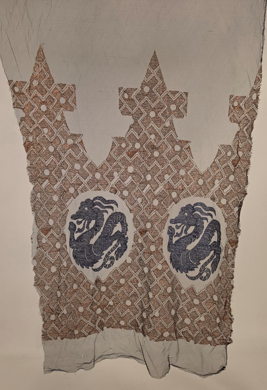 FLAPPER 1920’S METALLIC BLUE AND GOLD LAME EMBROIDERED DRESS PANEL W DRAGONS