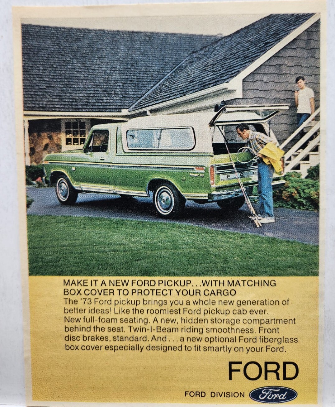 1973 Ford Pickup Green & Box Cover Fishing Original Vintage Print Ad 70\'s 6\