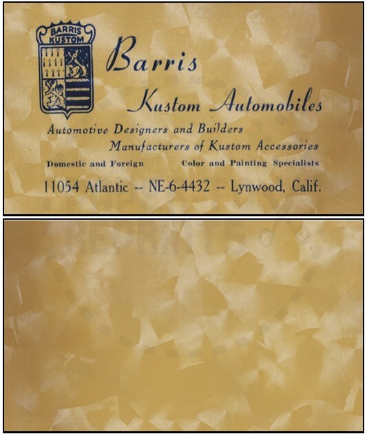 BARRIS KUSTOM AUTOMOBILES - GEORGE BARRIS BUSINESS CARD - VINTAGE REPRINT