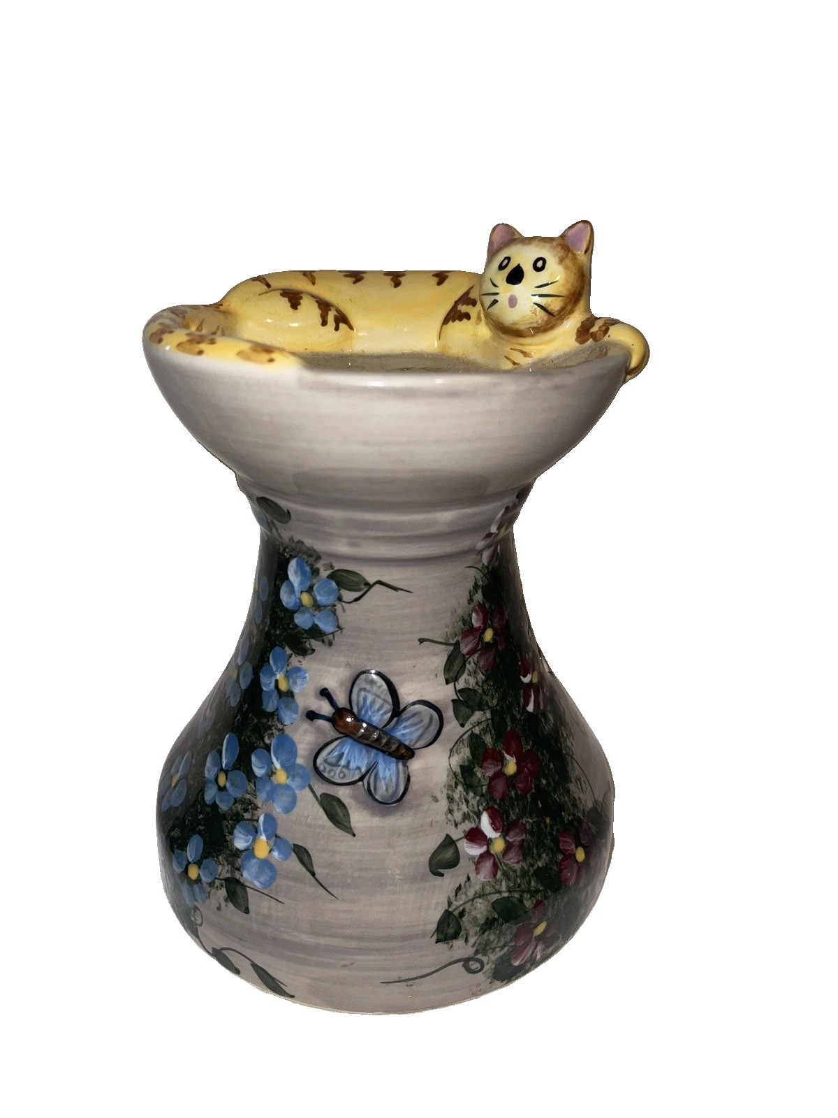 Kathy Hatch ceramic Cat & Butterfly Figurine Wax Warmer bird bath fun