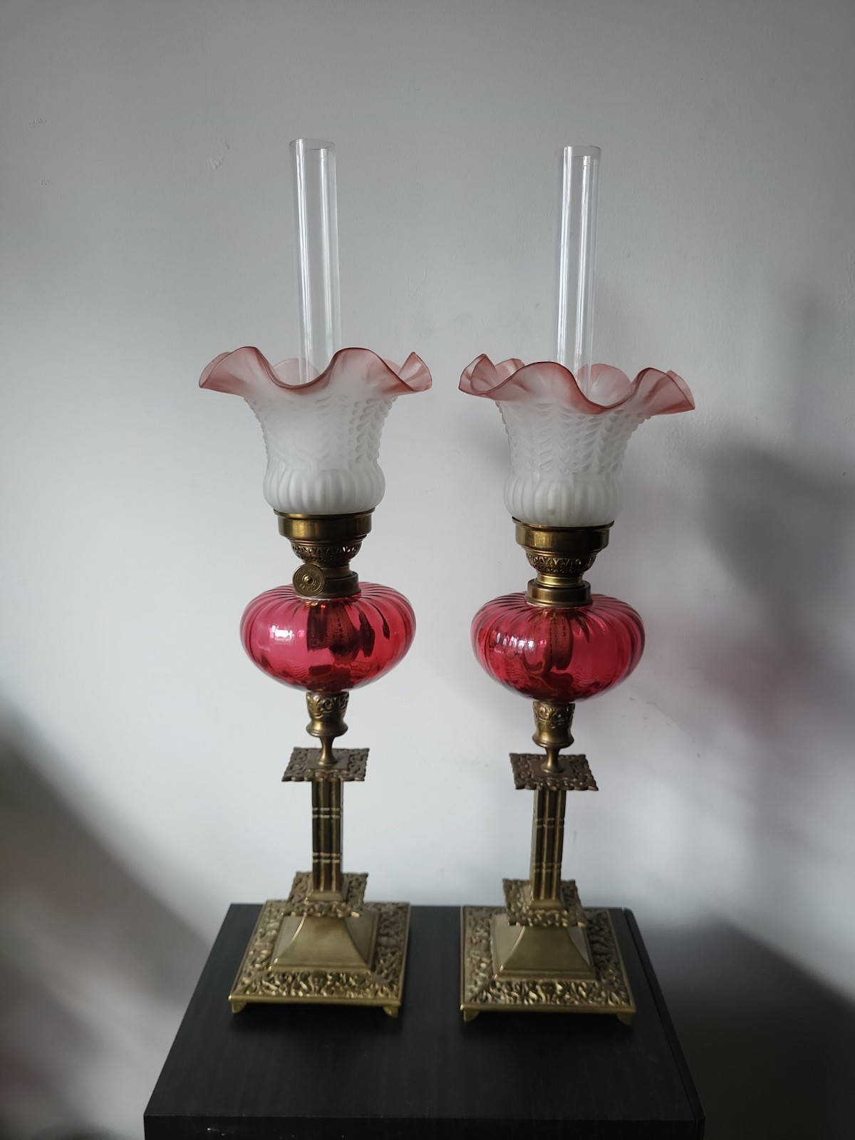 Pair Stunning Antique French Gaudard Cranberry Glass Oil Lamps Matching 20\