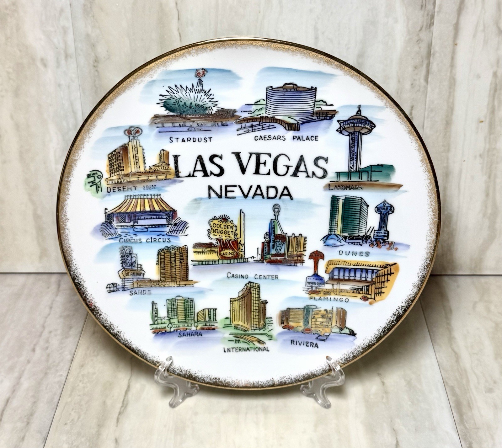 Vintage 1950s Las Vegas Strip 10.5” Hand-Painted Souvenir Plate OG Casinos