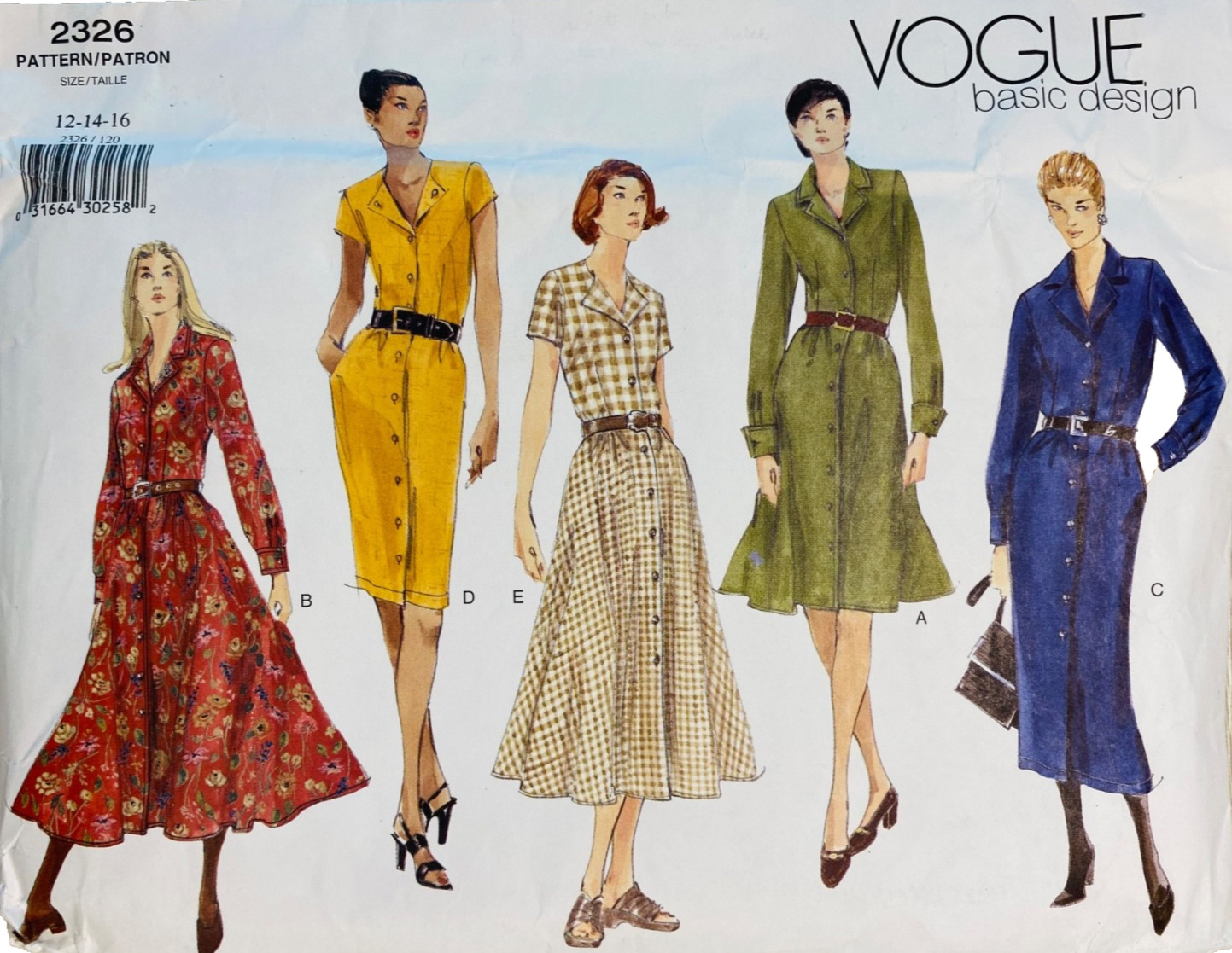 Vtg 90s Vogue 2326 Shirtwaist Dress Pattern Size 12 14 16 UNCUT FF