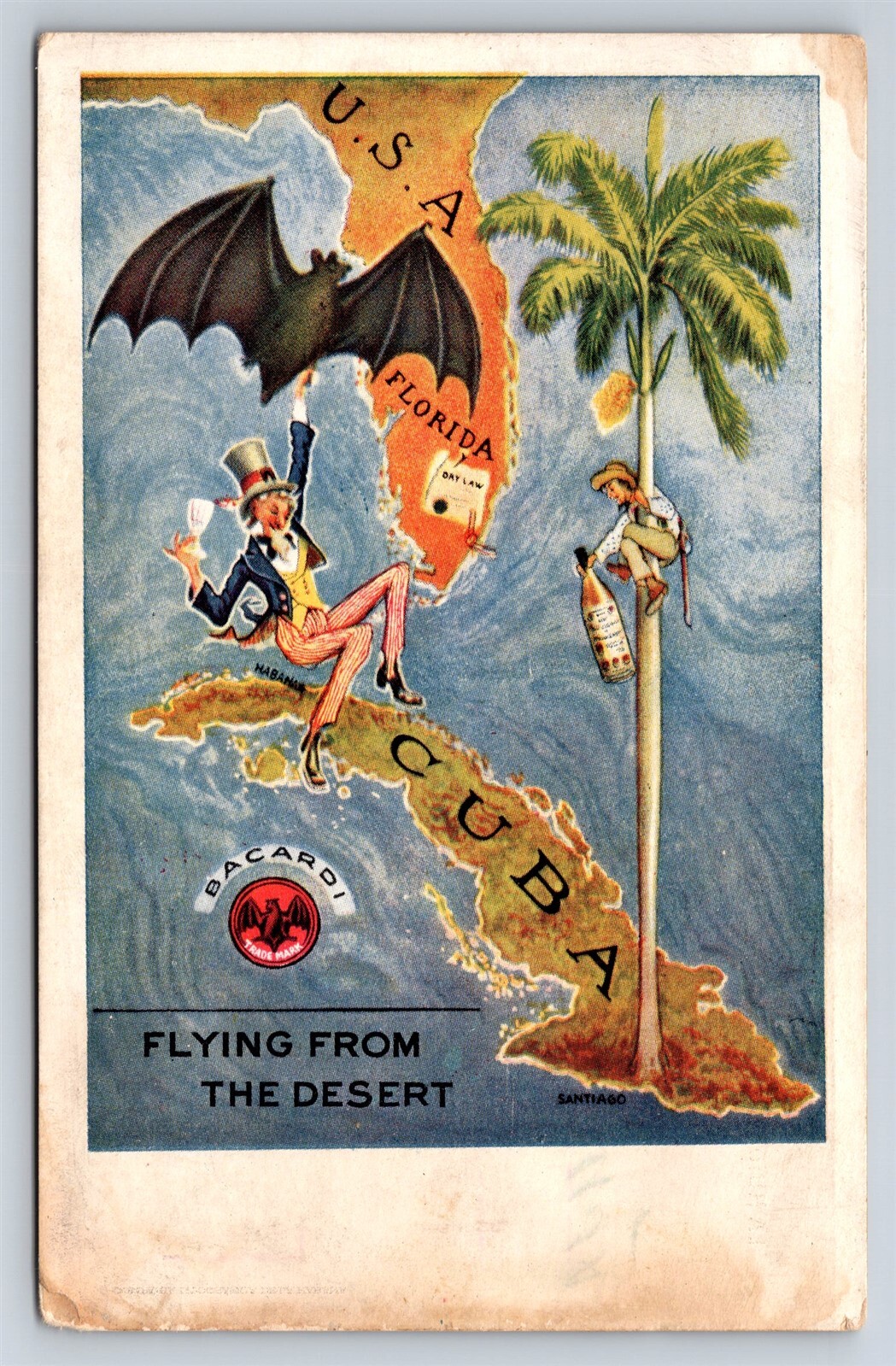 Advertising Postcard Bacardi Run Uncle Sam Bat Flying From Desert 1910s Q31