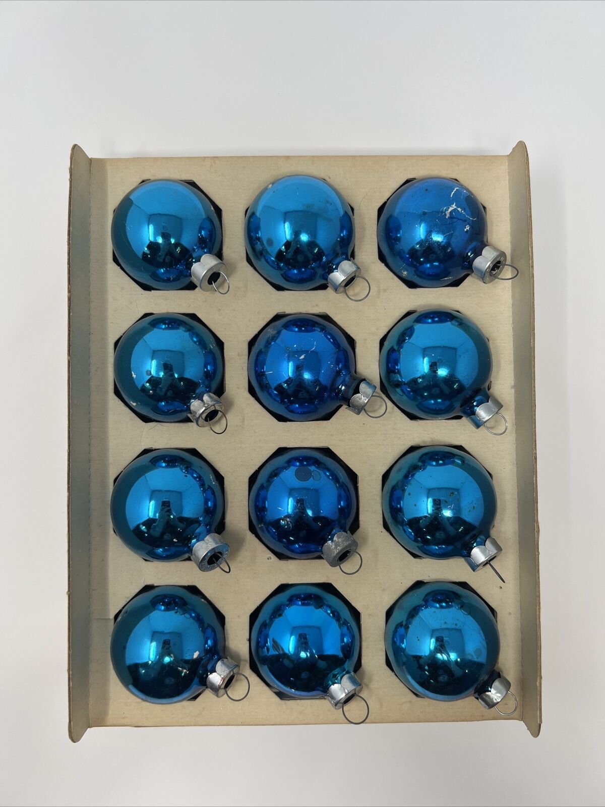Lot of 12 Vintage Blue Pyramid Shiny Glass Ball Ornaments Christmas Tree Decor