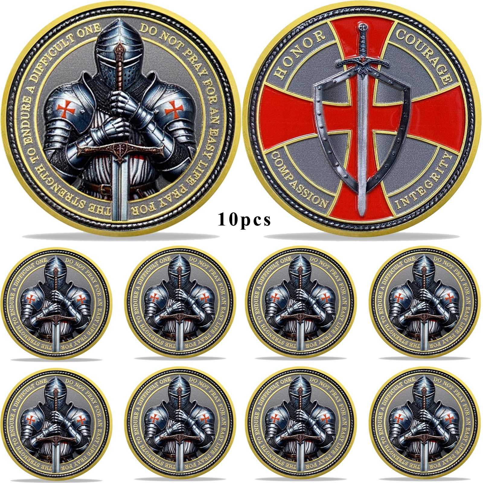 10pcs 3D Knights Templar Christian Challenge Coin Religious Red Cross Faith Coin