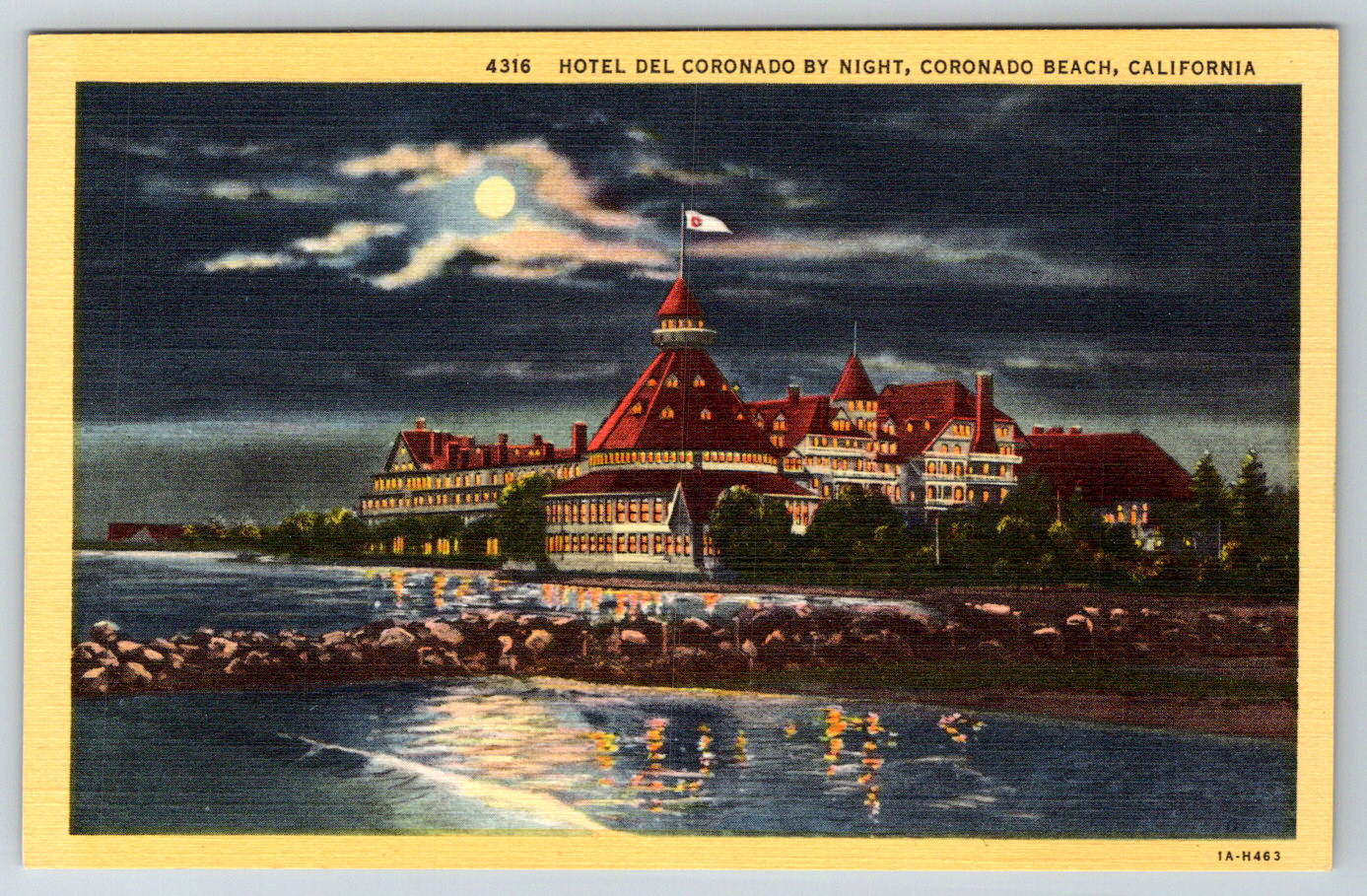 c1940s Hotel Del Coronado Night Coronado Beach CA Linen Postcard