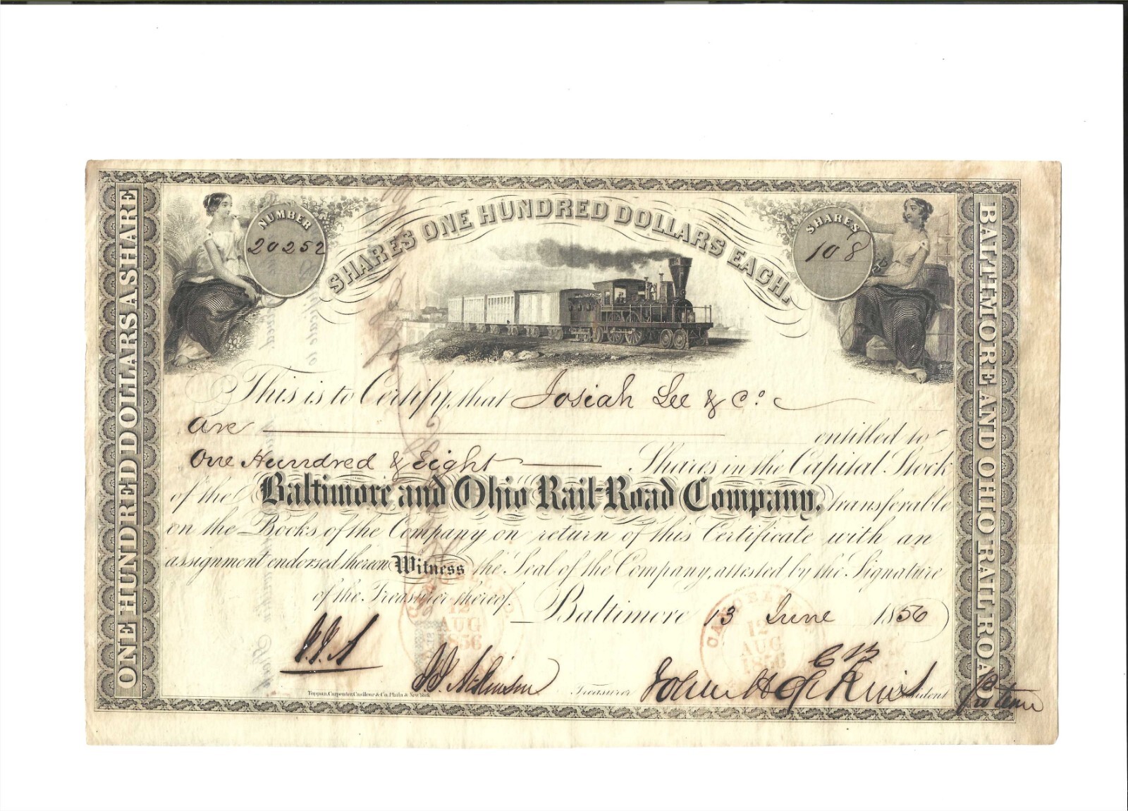 Excellent Johns Hopkins ~ Signed /Autographed 1856 B&O RR Stock Certificate 