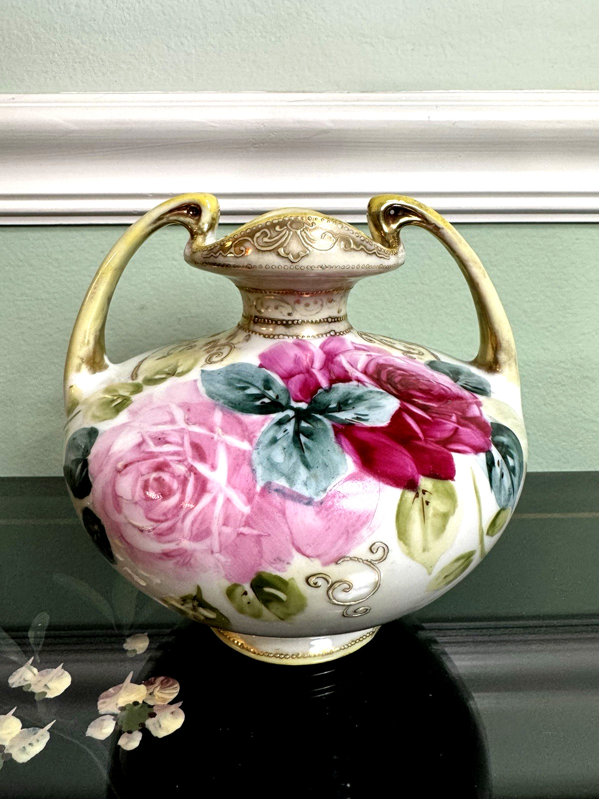 Antique Nippon Double Handled Vase Victorian Roses Gold Gilded Porcelain Signed Antique Nippon Double Handled Vase Victorian Roses Gold Gilded Porcelain Signed