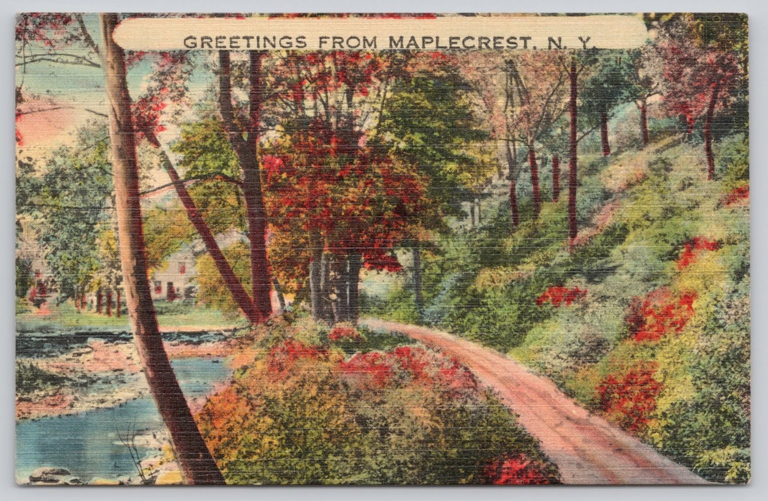 Greetings from Maplecrest NY 1948 Linen Postcard, Autumn Road & Stream